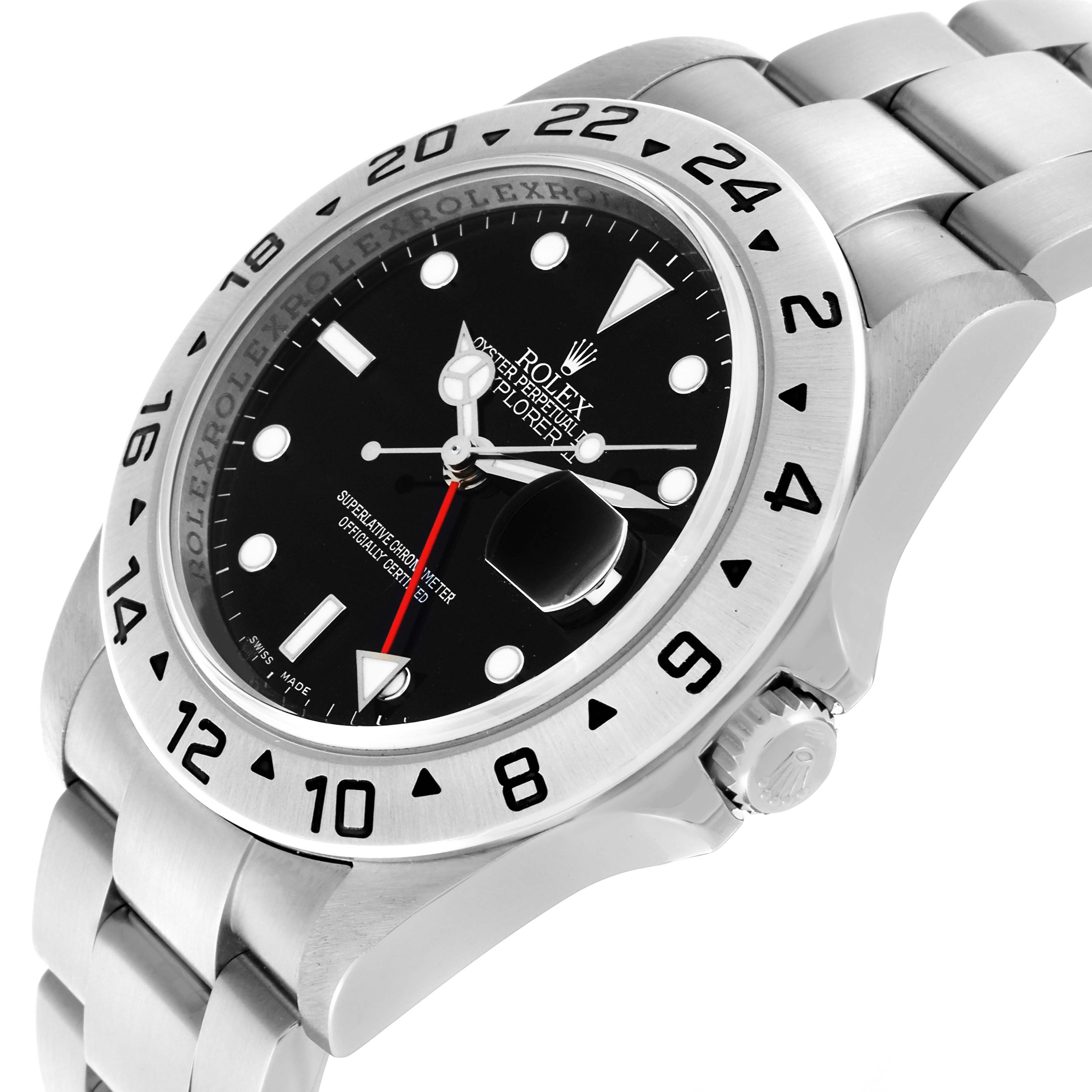 The Rolex Explorer 16570T Men's Stainless Steel Black Dial 16570T Men's Stainless Steel Black Dial watch is shown at a side angle, displaying the face, bezel, dial, crown, and part of the bracelet.
