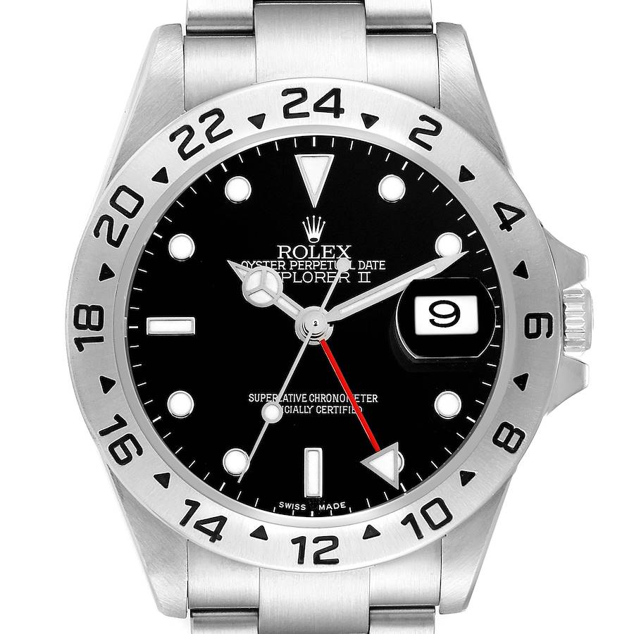 The Rolex Explorer II watch is shown from the front, displaying the dial, hands, bezel, crown, and part of the bracelet.