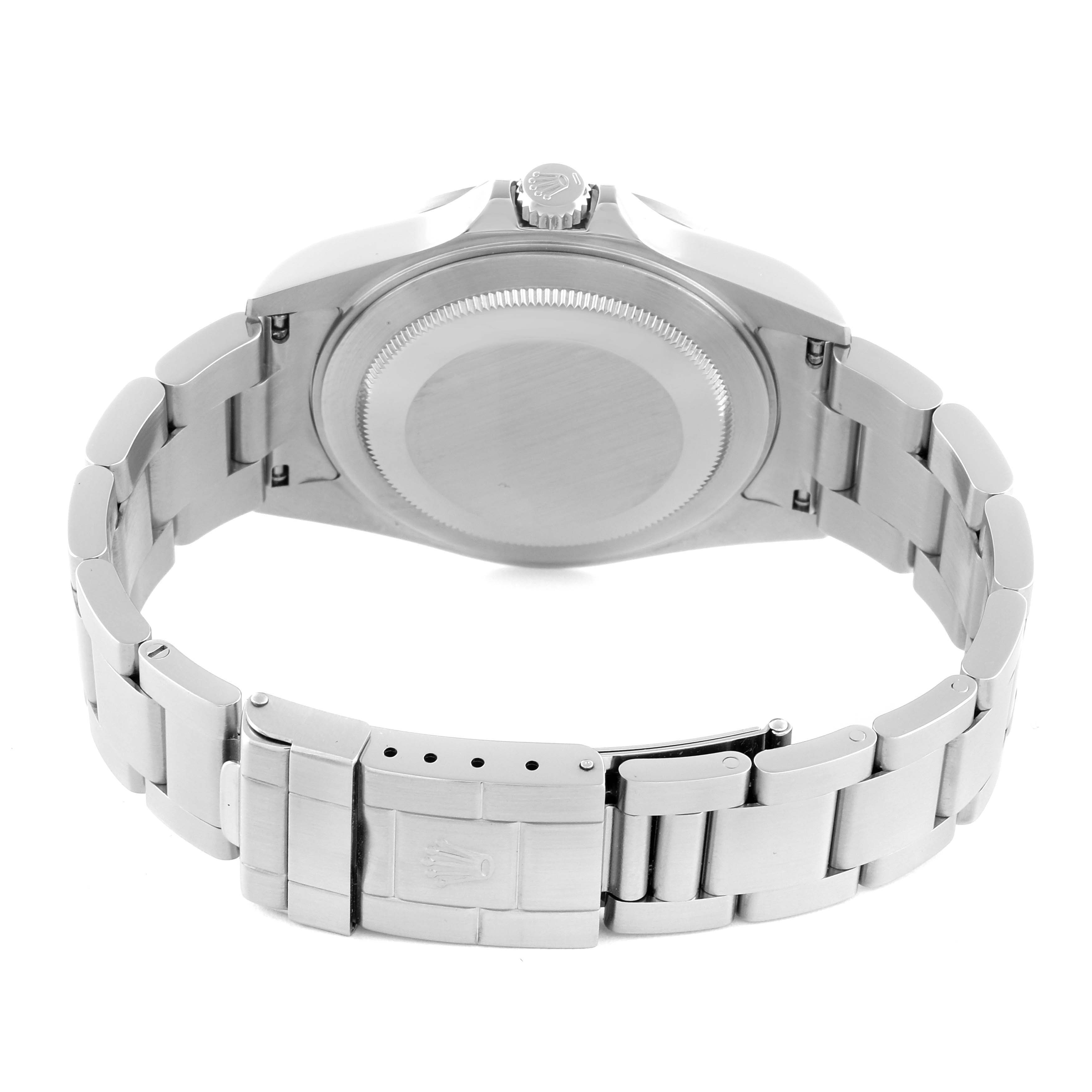 The image shows the back and clasp of a Rolex Explorer 16570T Men's Stainless Steel Black Dial 16570T Men's Stainless Steel Black Dial, with the crown and bracelet visible from a rear angle.