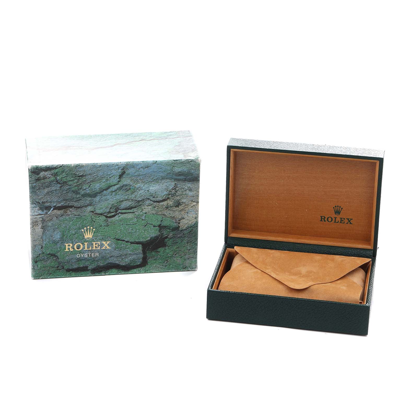 The image shows the box and packaging for a Rolex GMT-Master 16700 Men
s Stainless Steel Black Dial watch, including a green outer box and an open inner case.