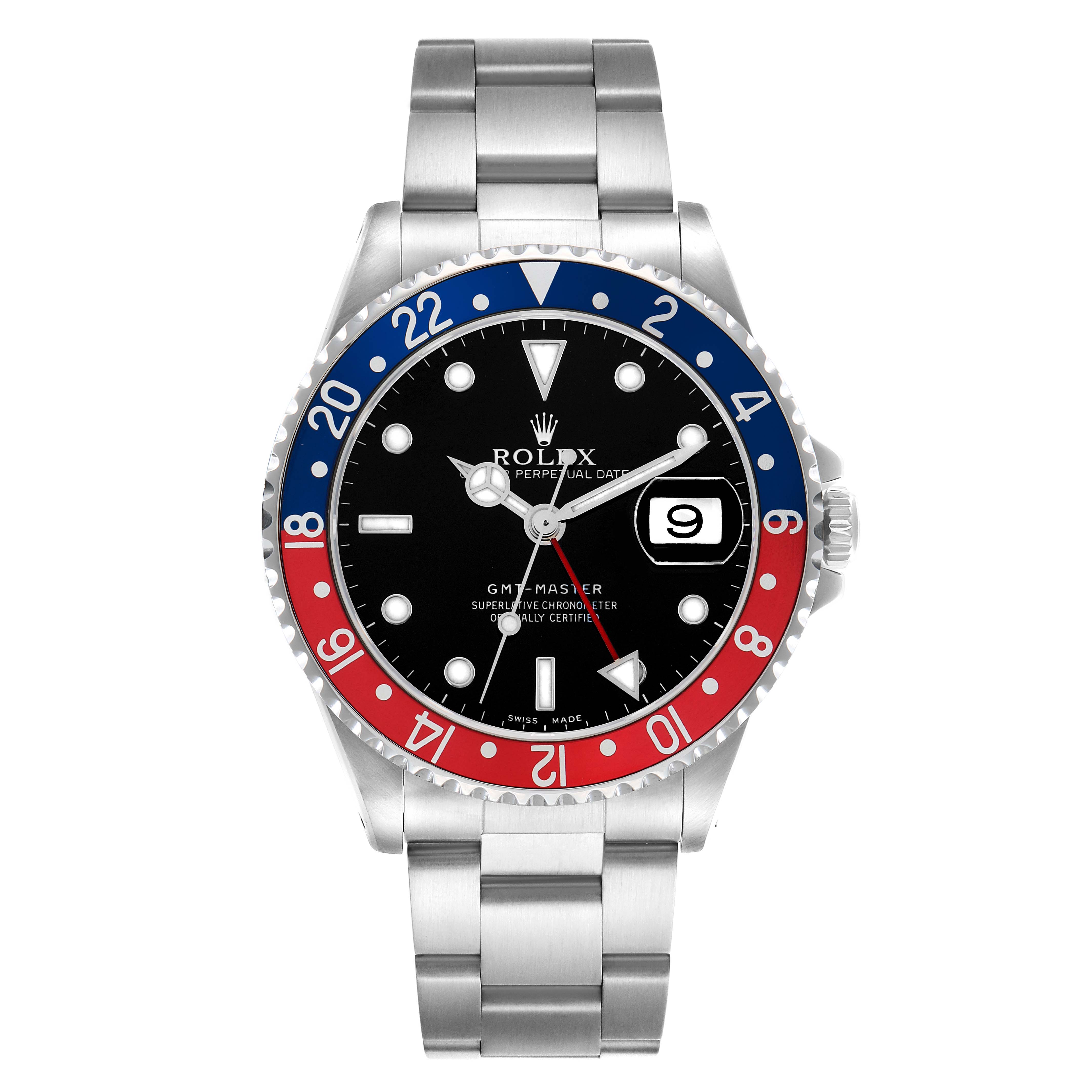 The Rolex GMT-Master 16700 Men
s Stainless Steel Black Dial watch is shown from the front, featuring its bezel, dial, and bracelet.