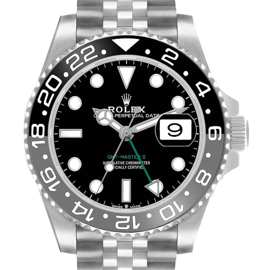 The Rolex GMT-Master 126710GRNR Men's Stainless Steel Black Dial model is shown from the front, highlighting the bezel, dial, crown, and bracelet.