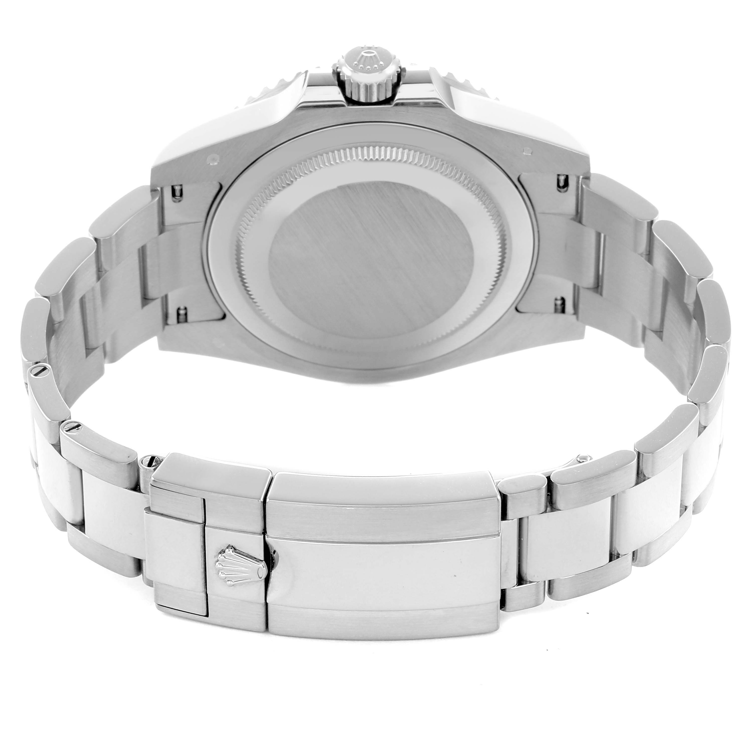 The image shows the back view of a Rolex GMT-Master 126719 Men
s White Gold Silver Dial, highlighting the case back and bracelet clasp.