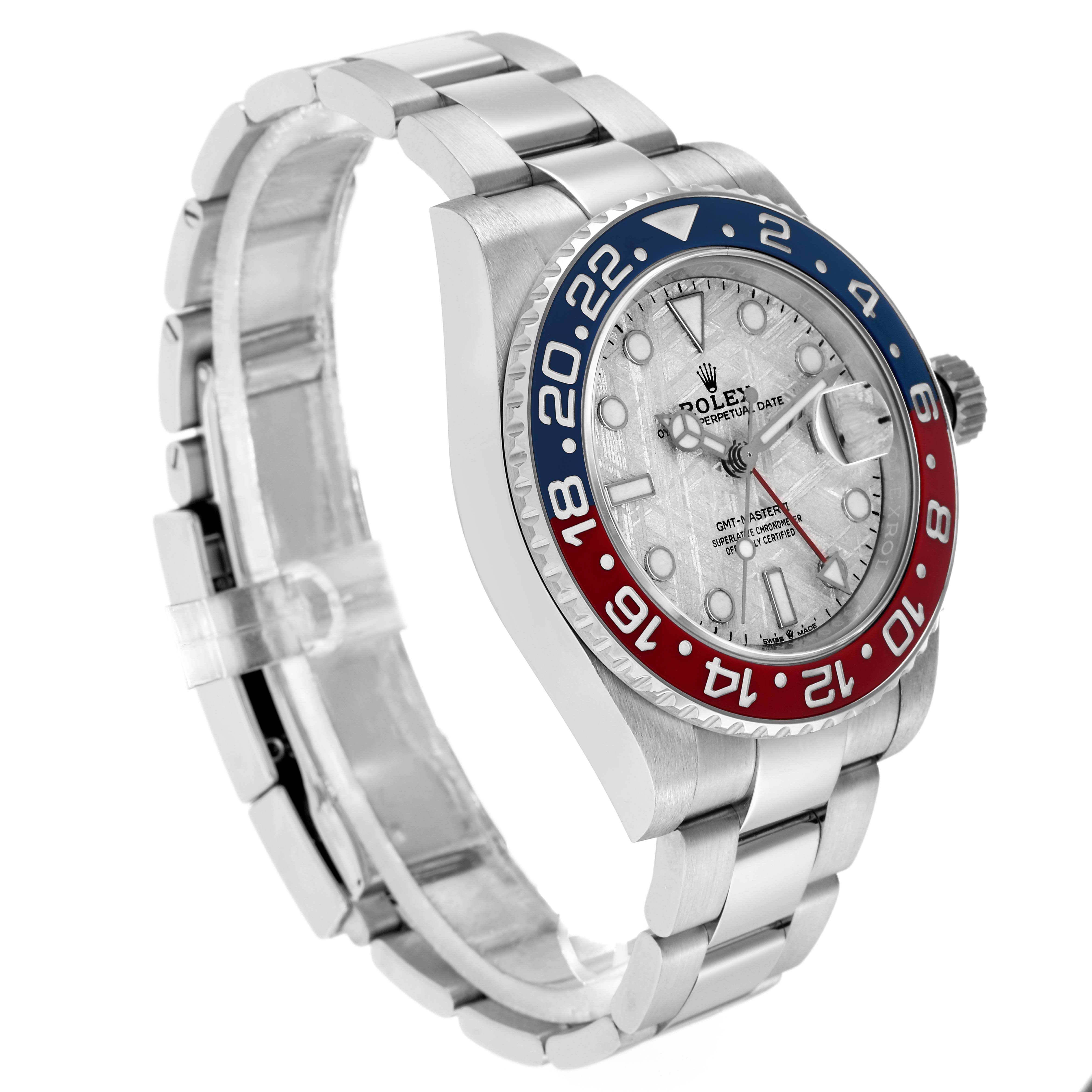 The image shows a Rolex GMT-Master 126719 Men
s White Gold Silver Dial watch at a three-quarter angle, highlighting the bezel, dial, and bracelet.