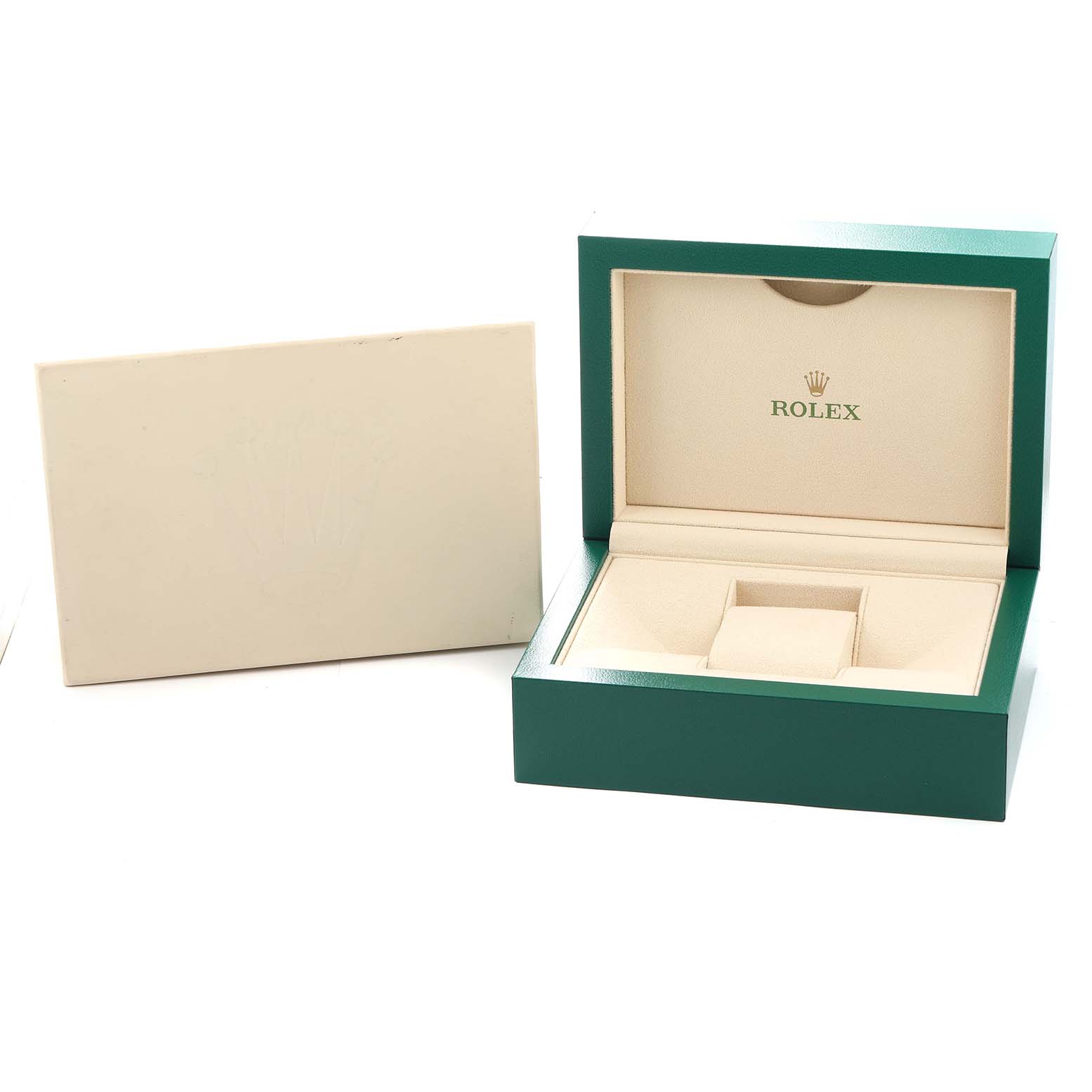 The image shows an open green box for the Rolex GMT-Master 126719 Men
s White Gold Silver Dial, displaying the brand logo inside.