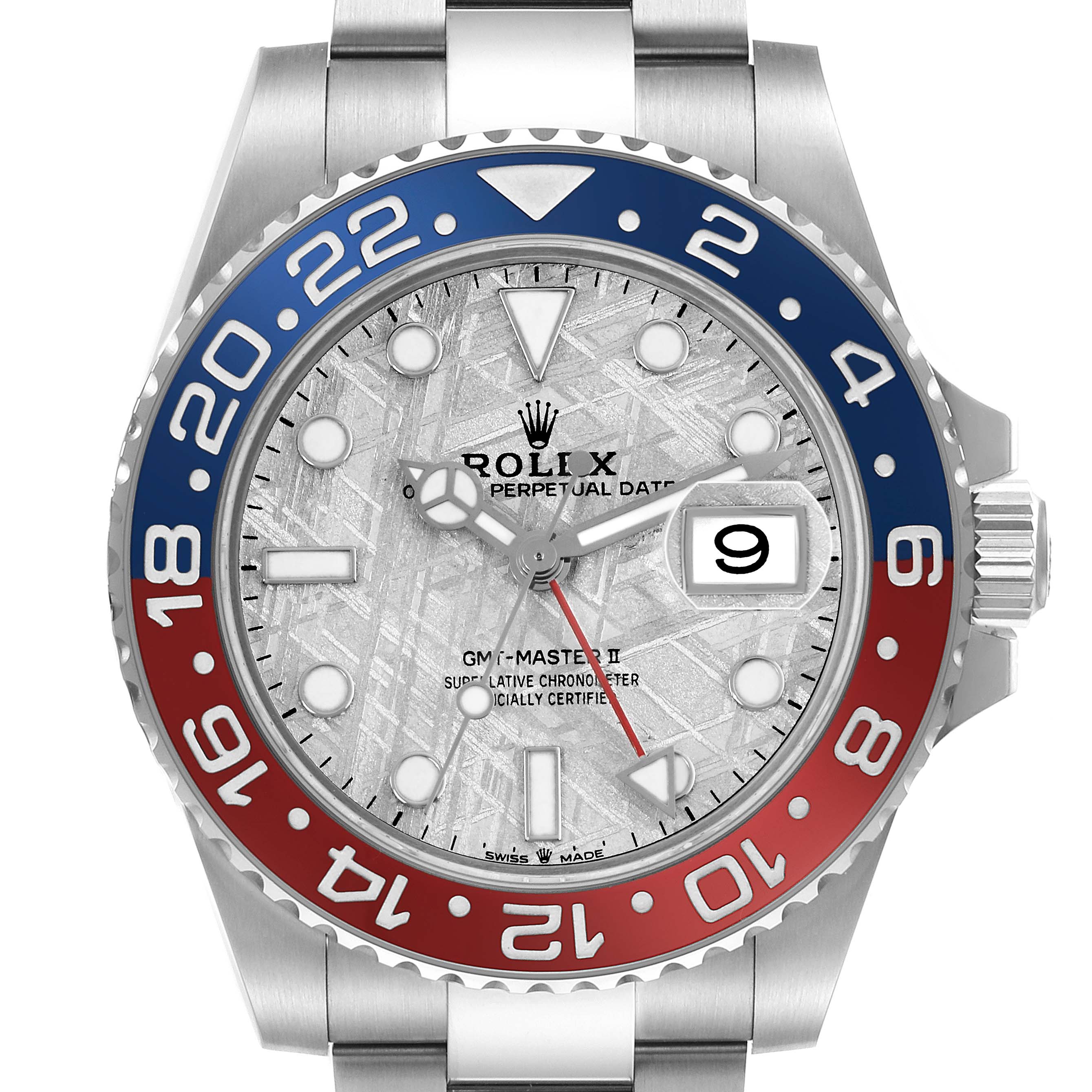 The Rolex GMT-Master 126719 Men
s White Gold Silver Dial watch is shown from the front, highlighting the dial, bezel, and crown.