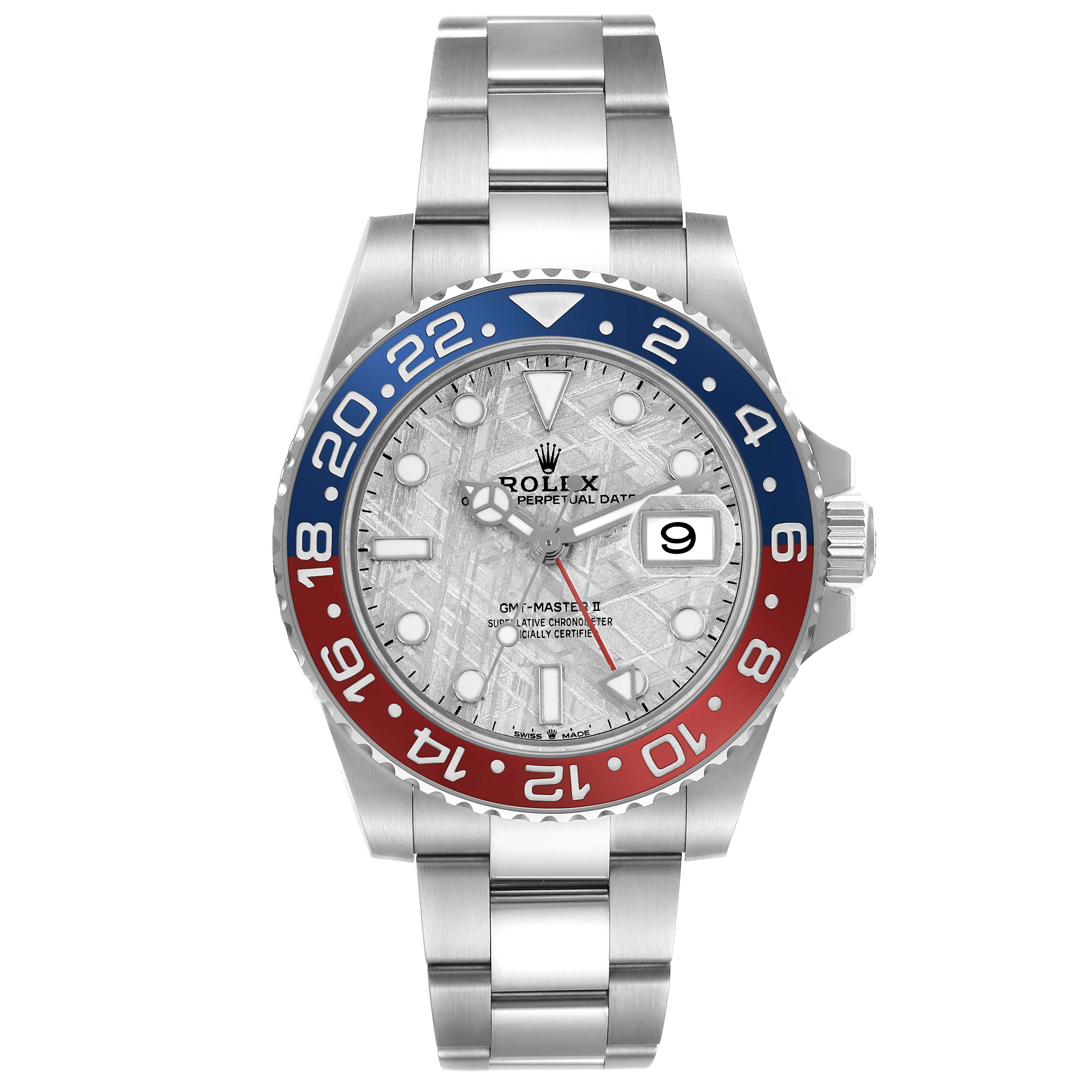 The Rolex GMT-Master 126719 Men
s White Gold Silver Dial watch is shown from the front, highlighting its dial, bezel, bracelet, and crown.