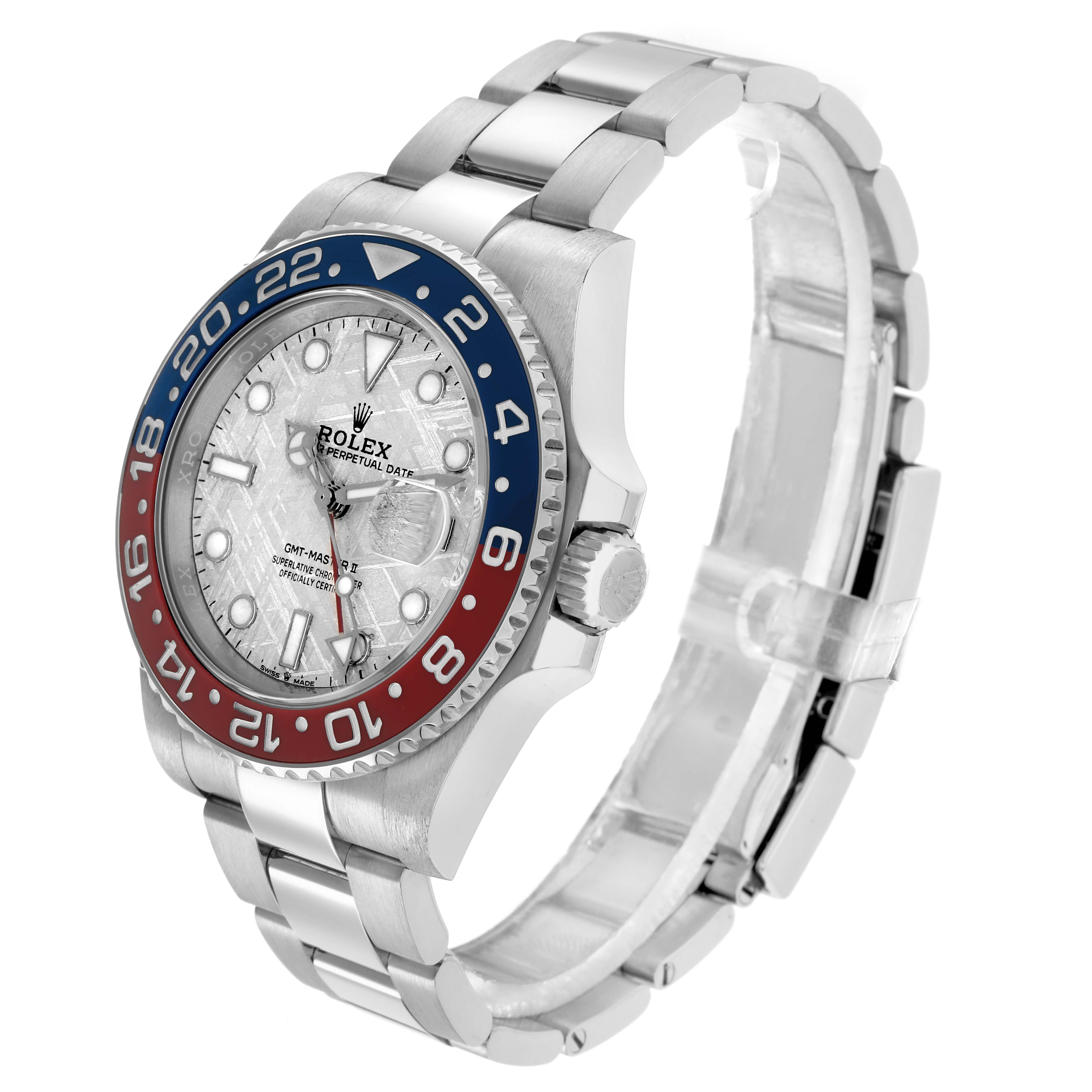 This Rolex GMT-Master 126719 Men
s White Gold Silver Dial watch is shown at a three-quarter angle, displaying its face, bezel, and bracelet.