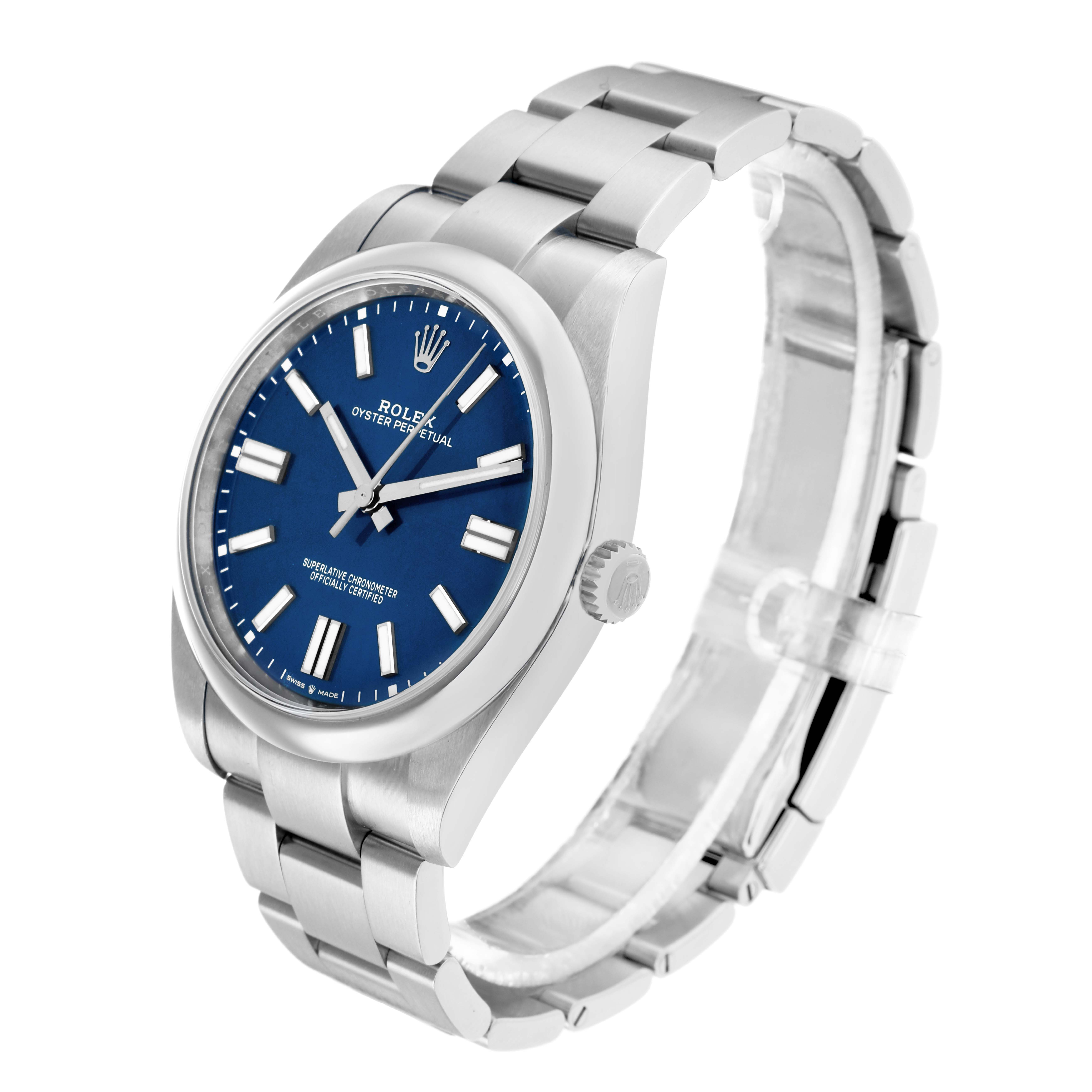 The Rolex Oyster Perpetual 124300 Men
s Stainless Steel Blue Dial watch is shown at a three-quarter angle, highlighting the dial, bezel, crown, and bracelet.