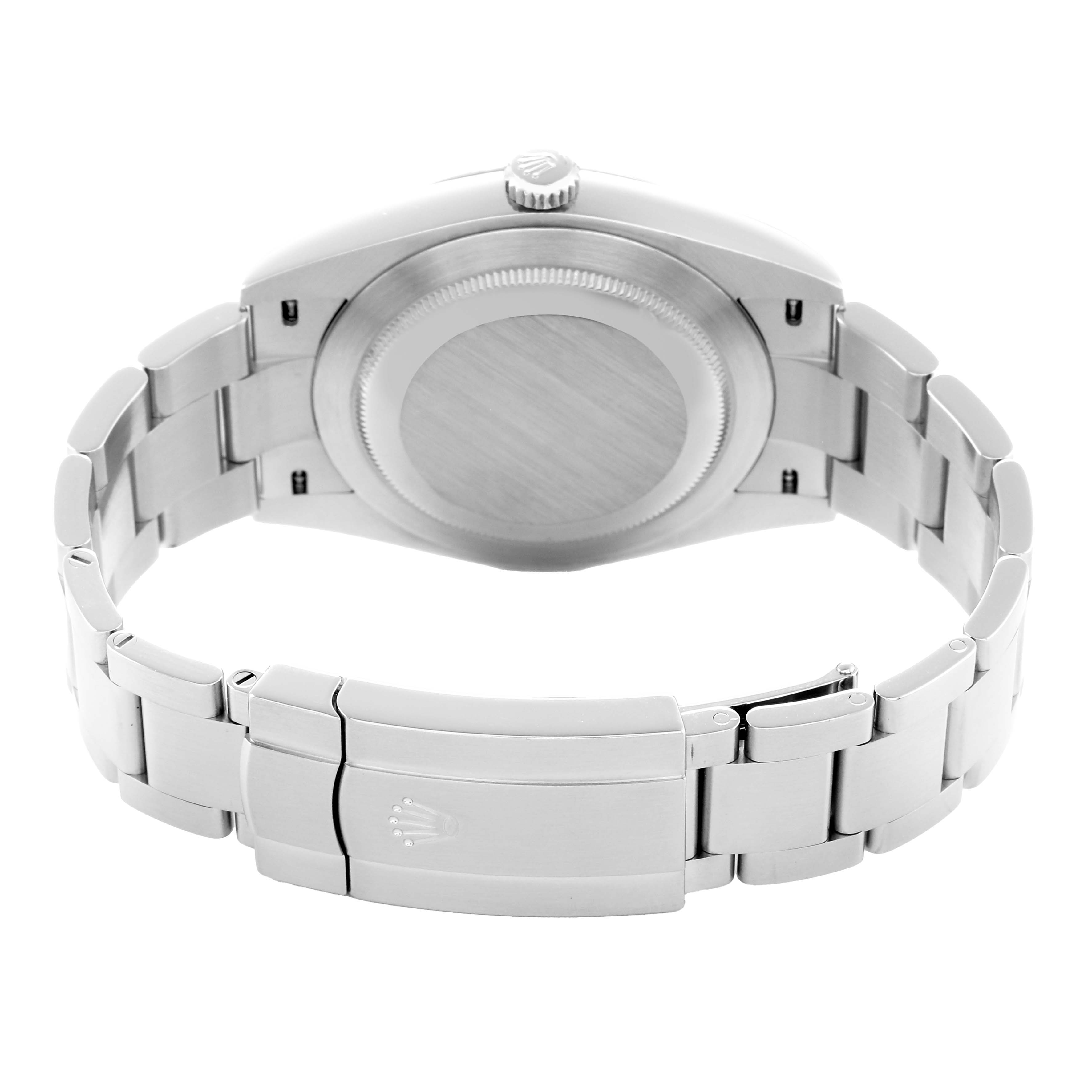 The image shows the back and bracelet of a Rolex Oyster Perpetual 124300 Men
s Stainless Steel Blue Dial, highlighting the clasp and rear case.