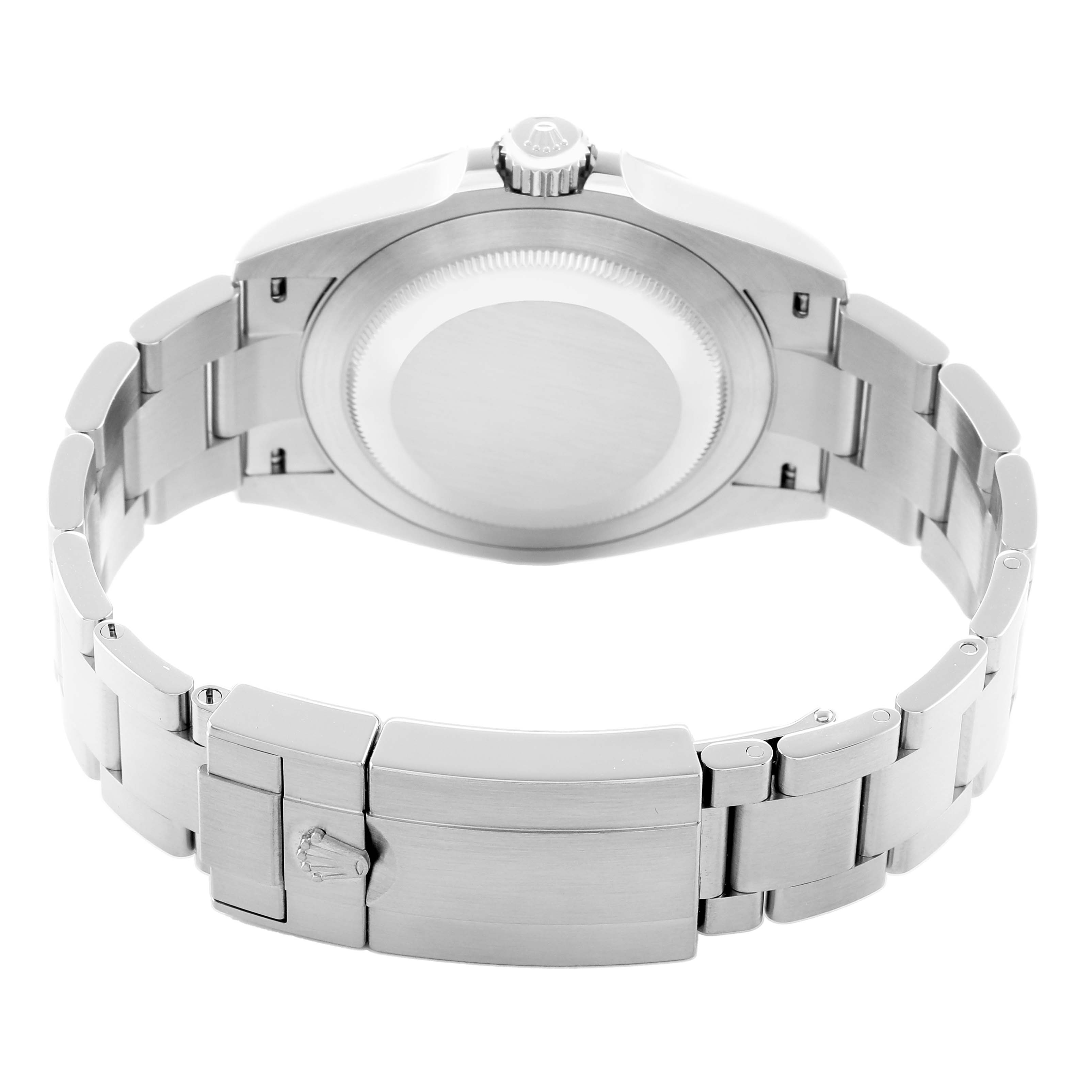 The image shows the back angle of a Rolex Air-King 126900 Men
s Stainless Steel Black Dial watch, highlighting the case back, bracelet, and clasp.