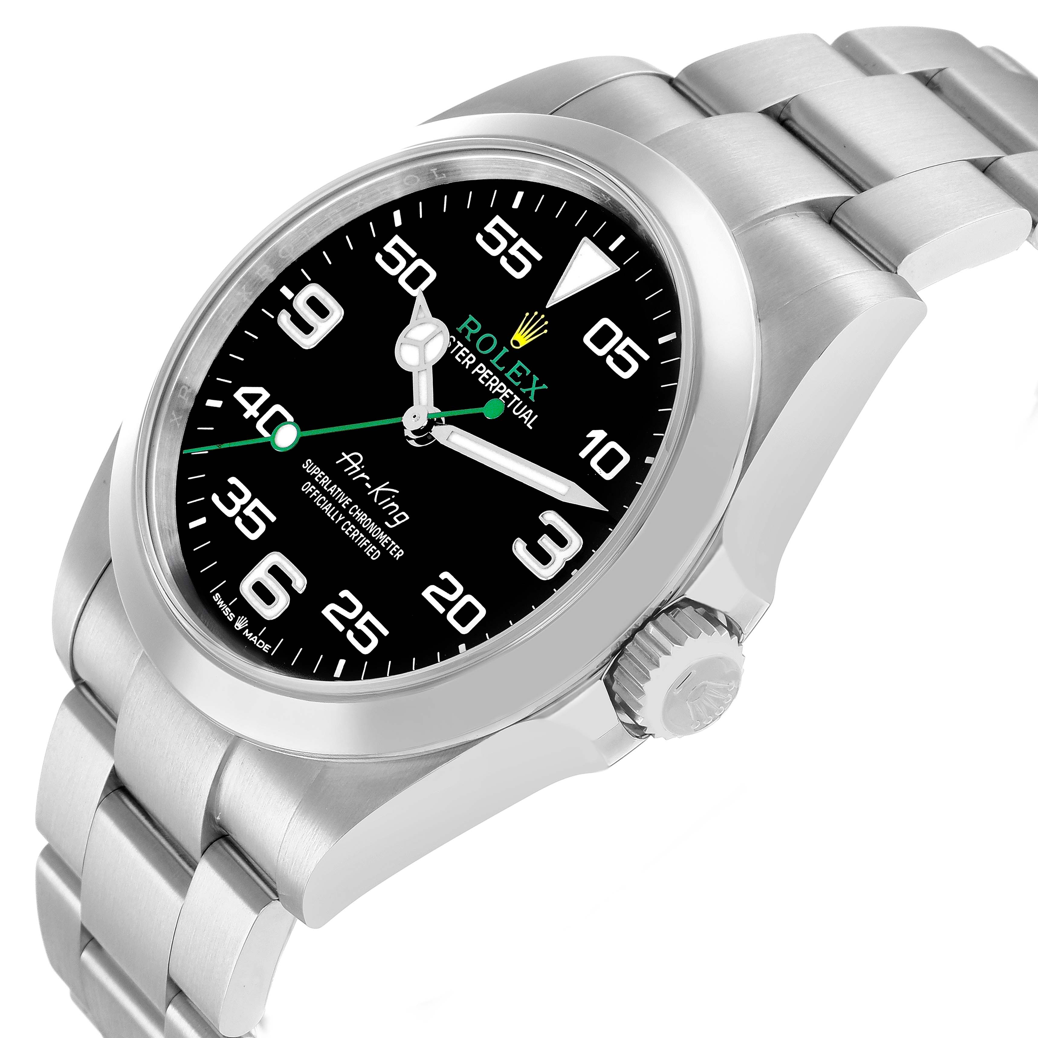 The Rolex Air-King 126900 Men
s Stainless Steel Black Dial watch is shown from a three-quarter angle, highlighting the face, bezel, crown, and part of the bracelet.