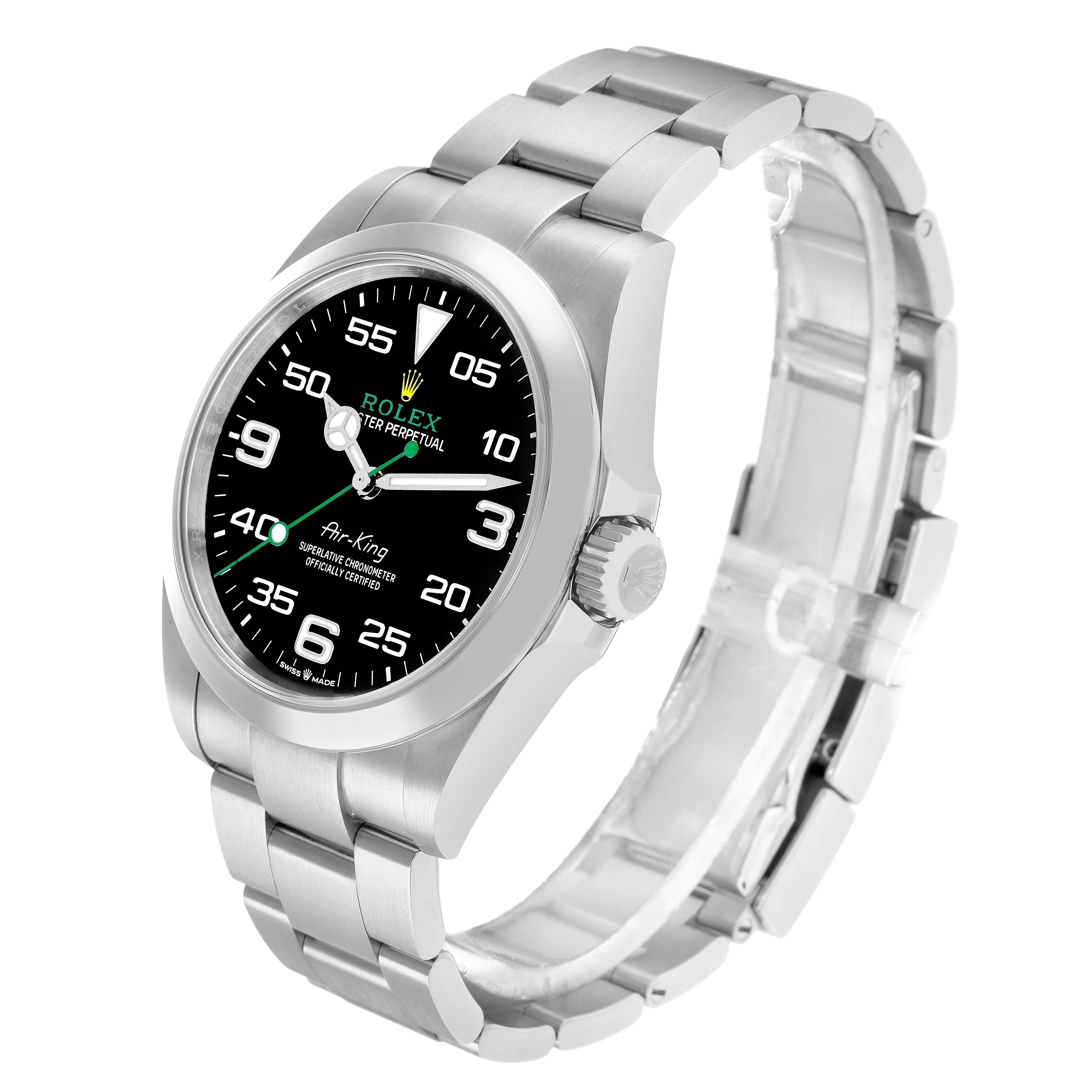 The Rolex Air-King 126900 Men
s Stainless Steel Black Dial watch is shown at an angled view, highlighting the dial, case, crown, and bracelet.