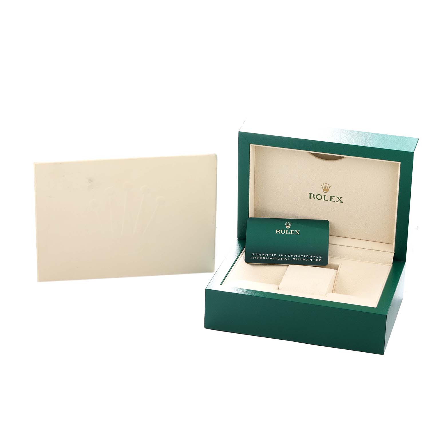 The image shows an open Rolex Air-King 126900 Men
s Stainless Steel Black Dial watch box with the guarantee card and outer packaging at an angled view.
