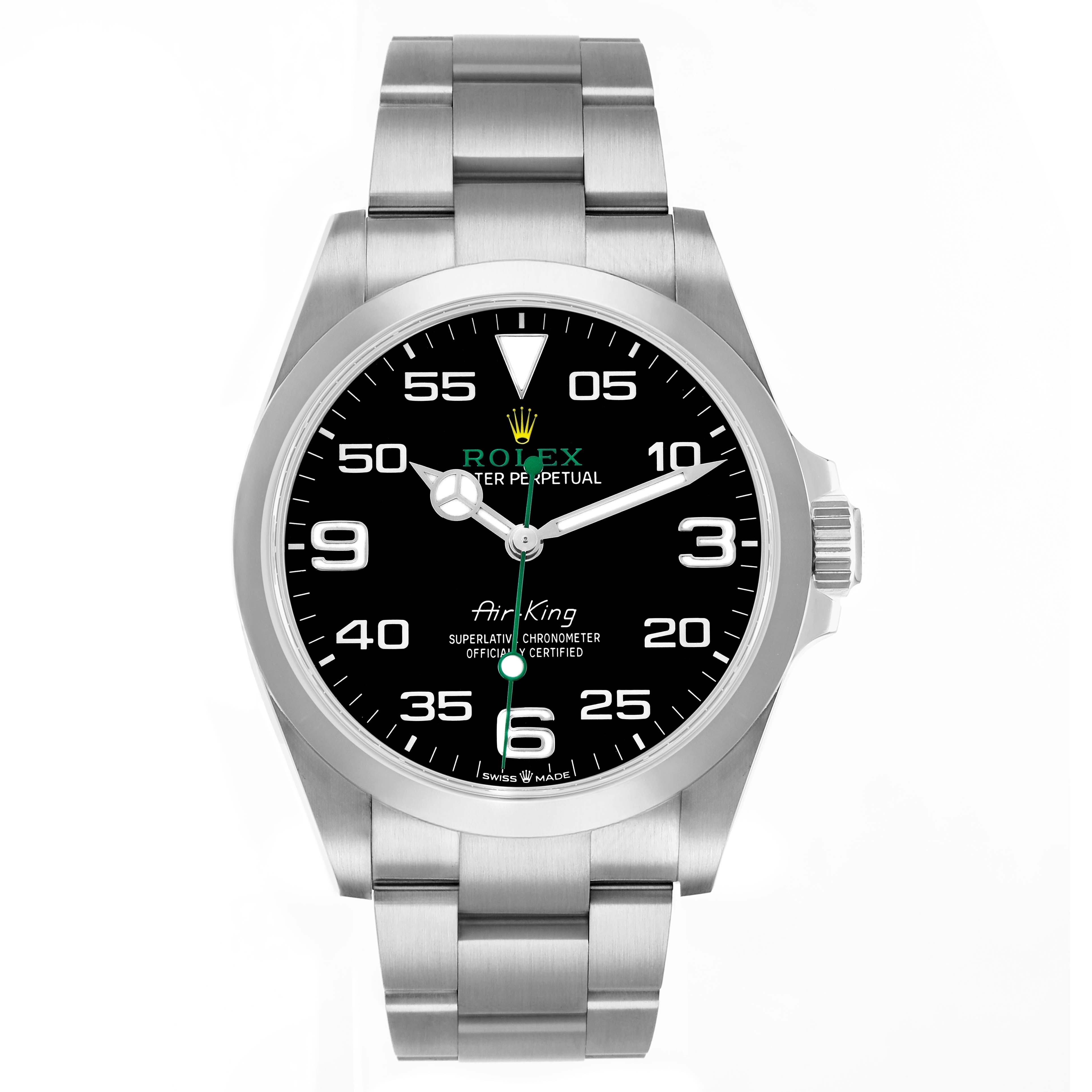 The Rolex Air-King 126900 Men
s Stainless Steel Black Dial watch is shown from a front angle, displaying the dial, bezel, and bracelet.