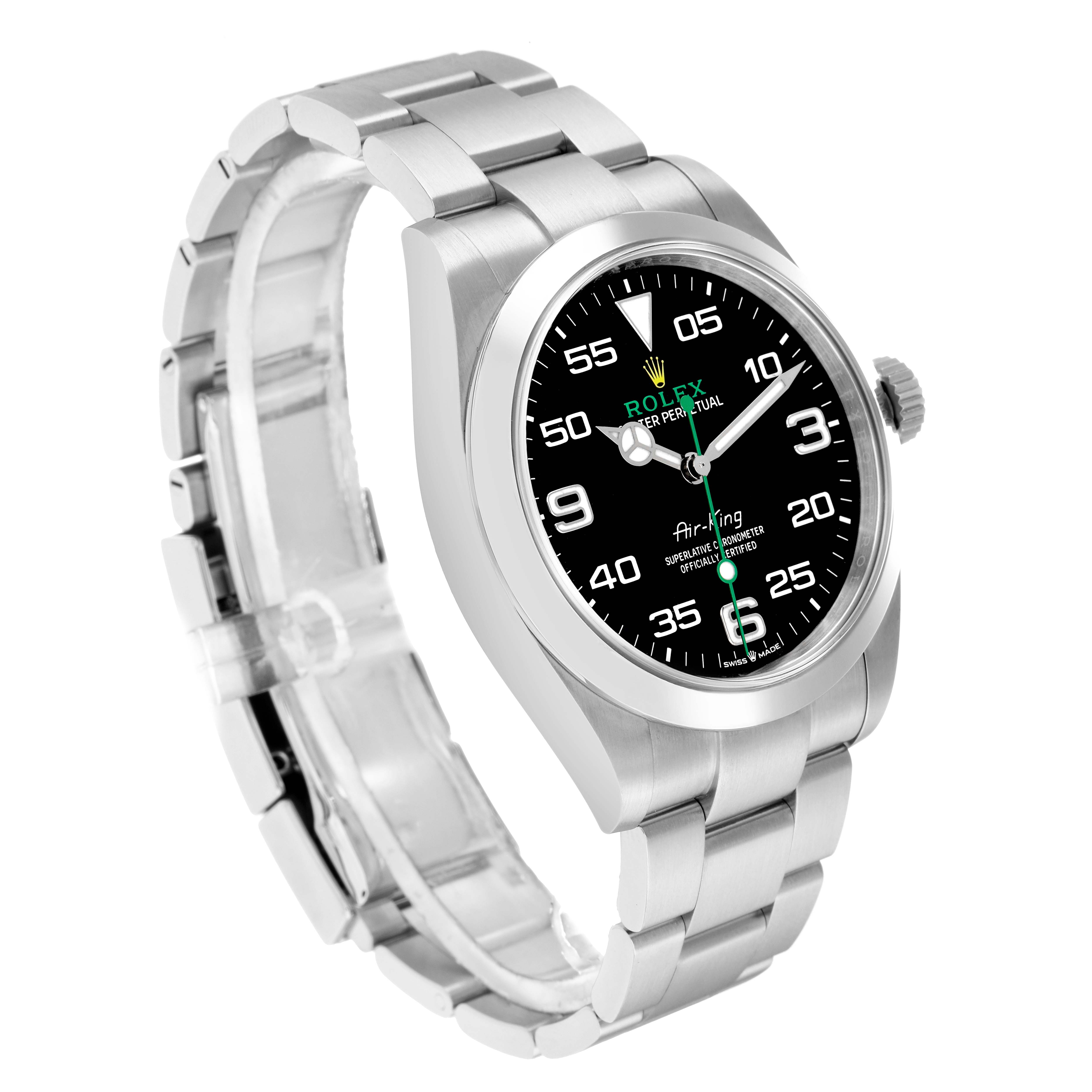 The Rolex Air-King 126900 Men
s Stainless Steel Black Dial watch is shown at a three-quarter angle, highlighting its face, bezel, and part of the bracelet.