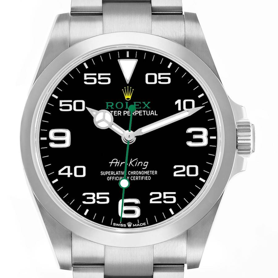The Rolex Air-King 126900 Men's Stainless Steel Black Dial watch is shown from the front, displaying its dial, bezel, crown, and part of the bracelet.