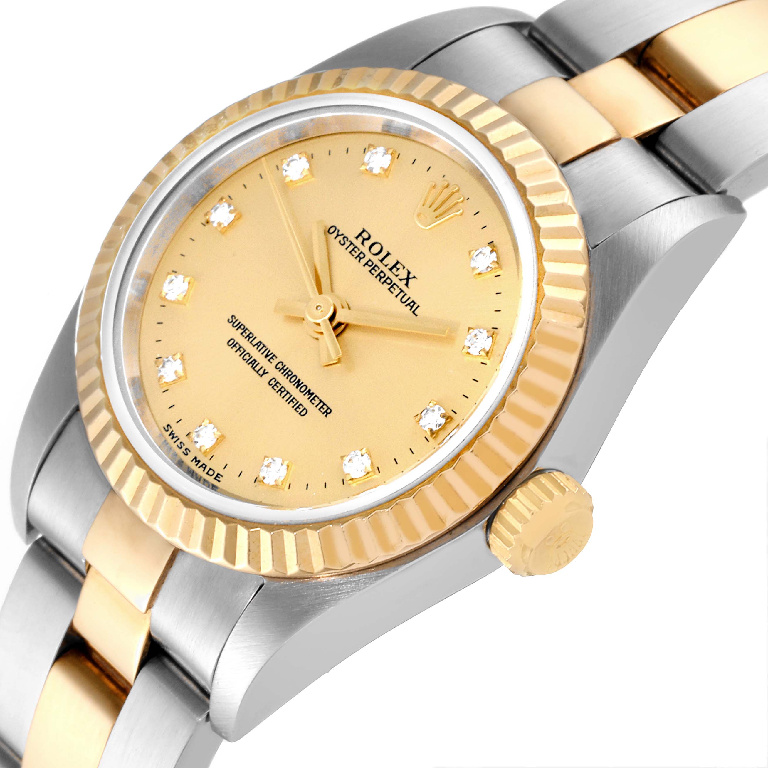 This image shows a close-up angled view of a Rolex Oyster Perpetual 76193 Women's Steel and Gold (two tone) Champagne Dial 76193 Women's Steel and Gold (two tone) Champagne Dial watch, highlighting the dial, bezel, crown, and part of the bracelet.