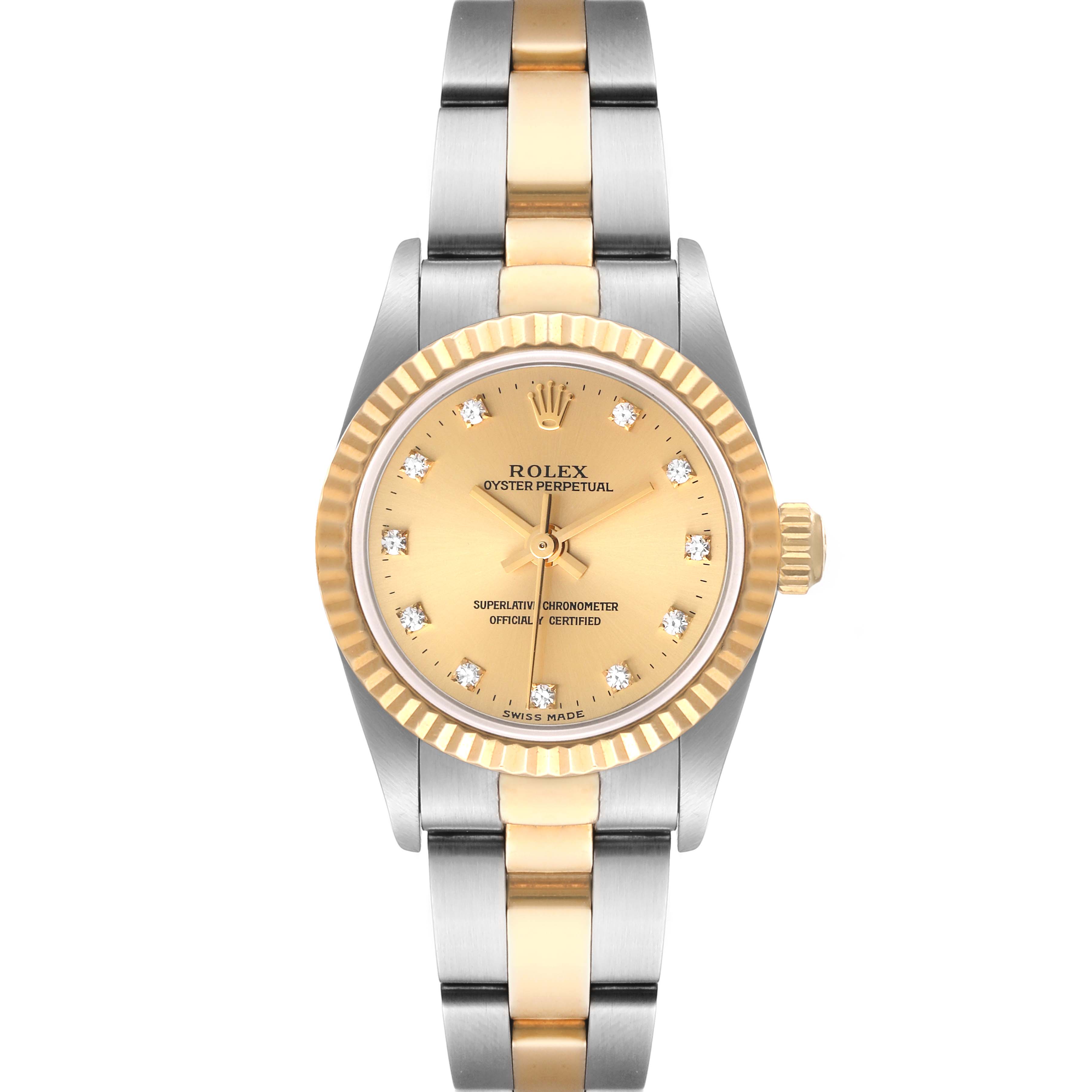 This Rolex Oyster Perpetual 76193 Women's Steel and Gold (two tone) Champagne Dial 76193 Women's Steel and Gold (two tone) Champagne Dial watch is shown from the front, displaying the dial, bezel, and bracelet.