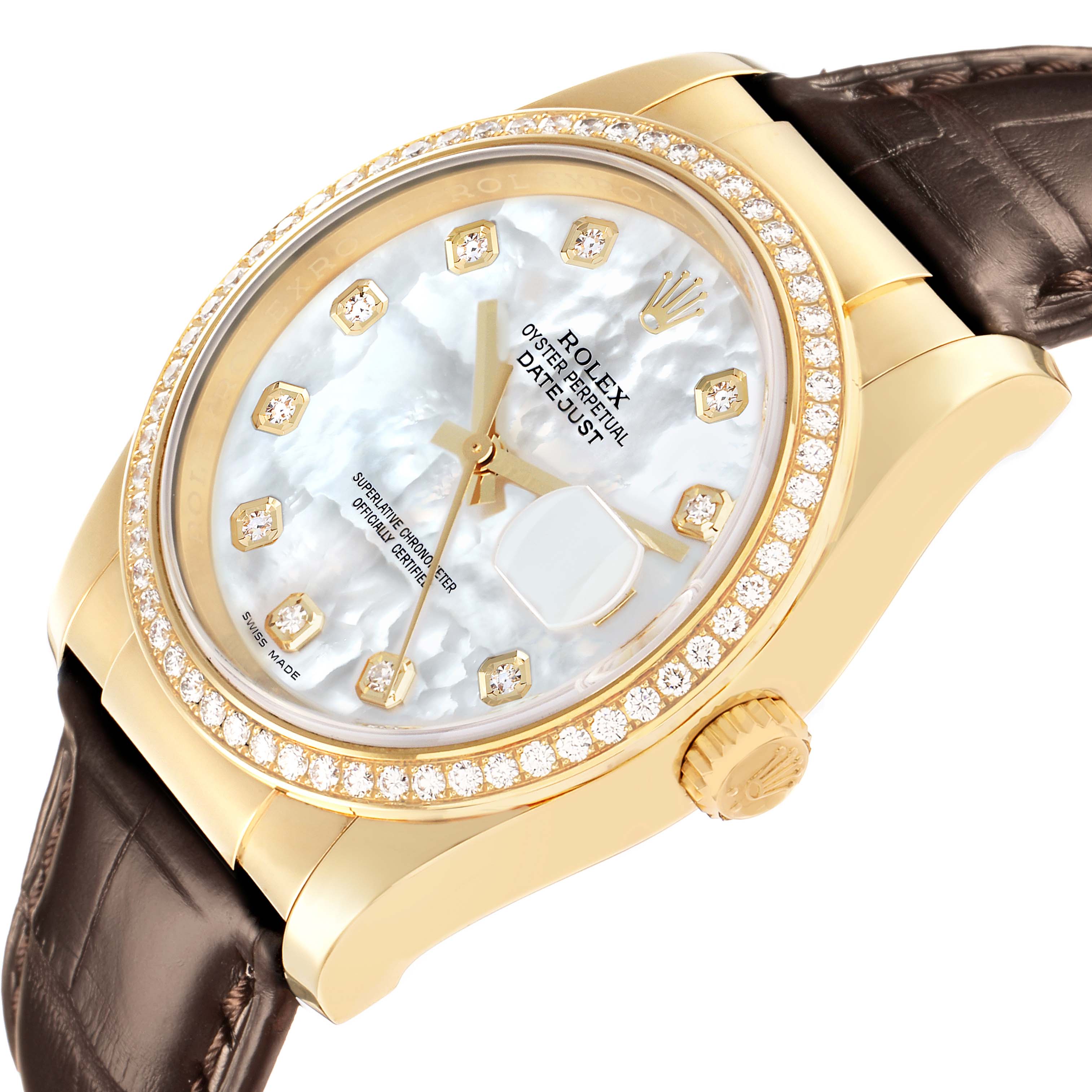 The Rolex President 116188 Men
s Yellow Gold Mother of Pearl Dial watch is shown at a slight angle, highlighting the face, diamond bezel, crown, and leather strap.