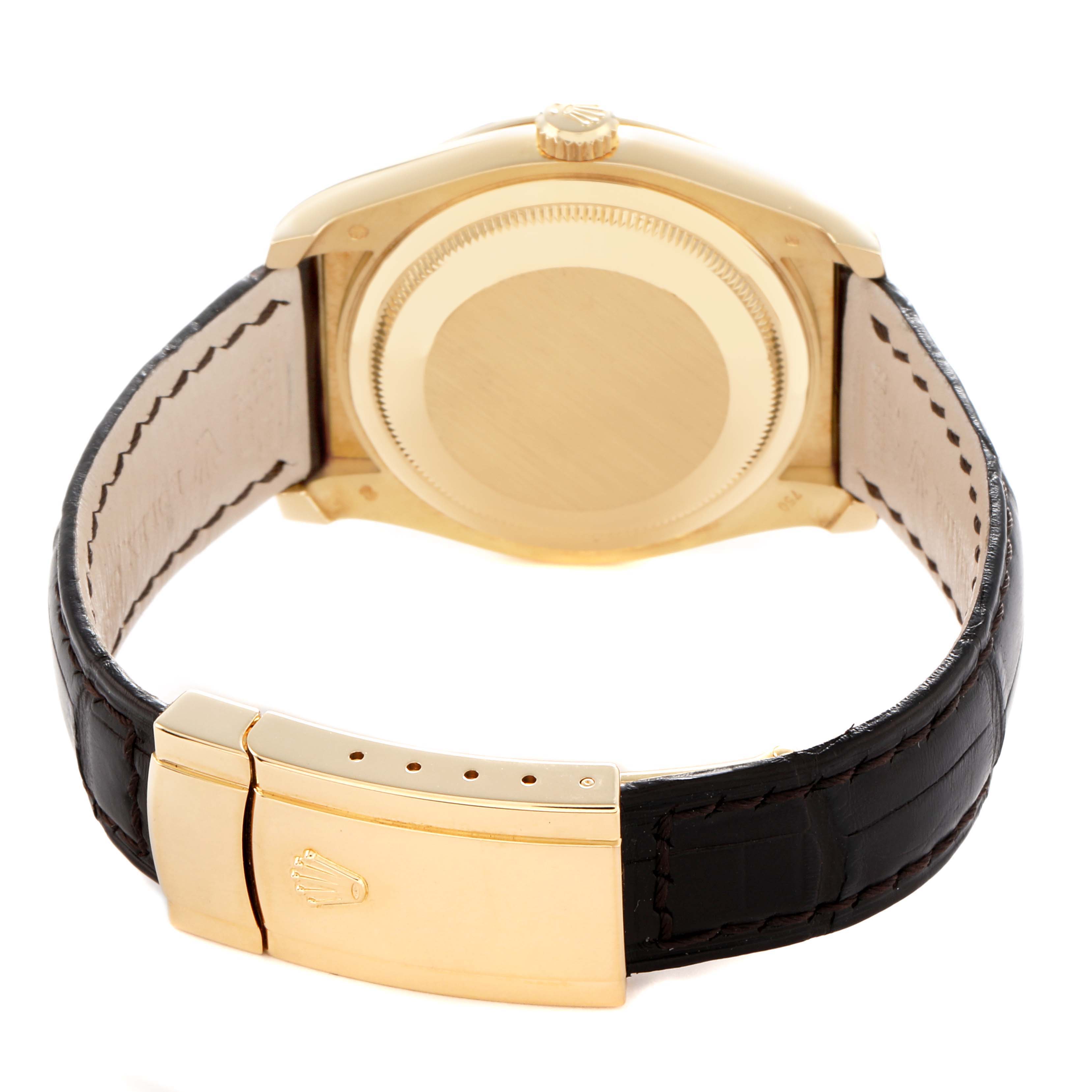 The image shows the back of the Rolex President 116188 Men
s Yellow Gold Mother of Pearl Dial model, featuring a gold case back and leather strap with a clasp.