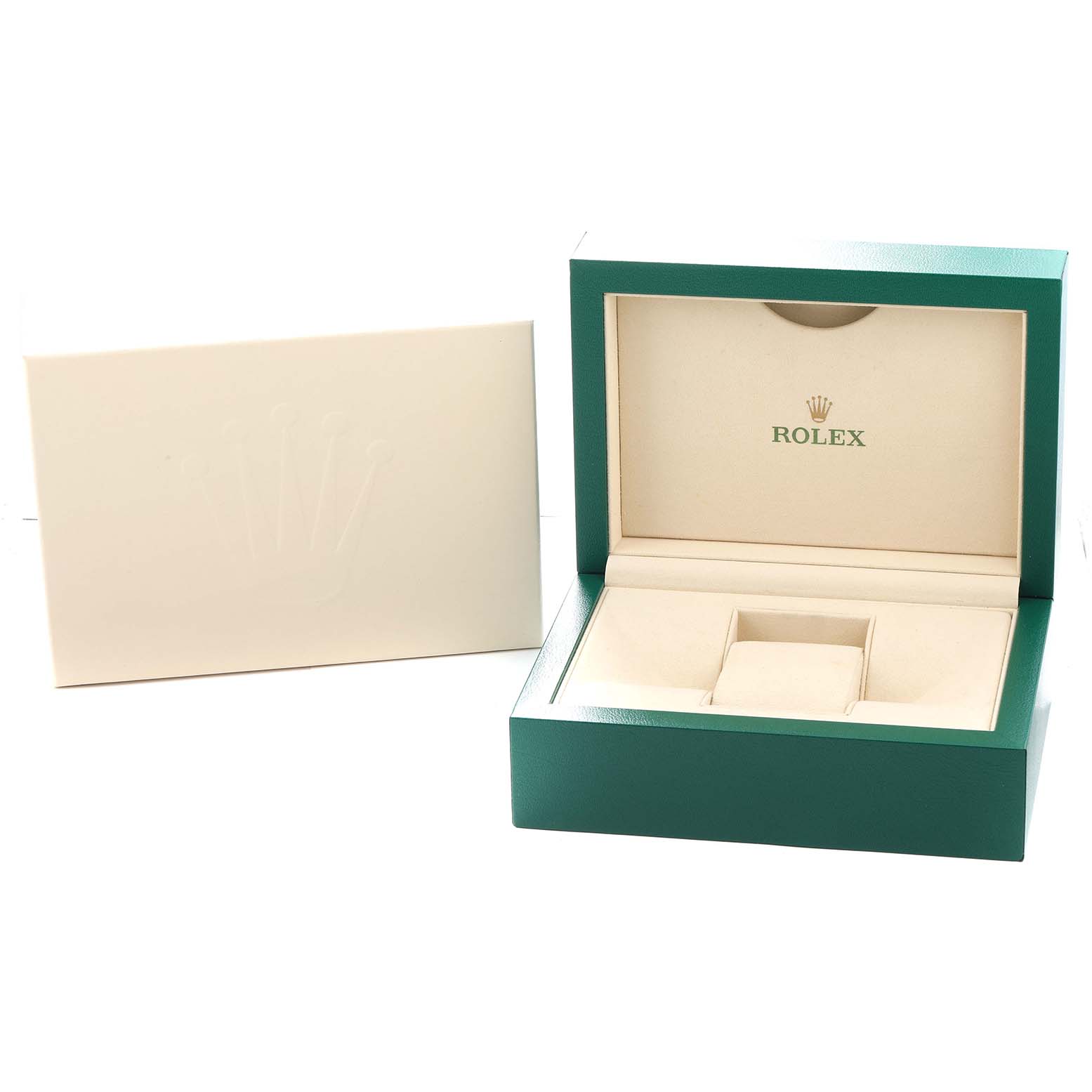 The image shows an open Rolex President 116188 Men
s Yellow Gold Mother of Pearl Dial model watch box from a front angle, alongside its outer box.