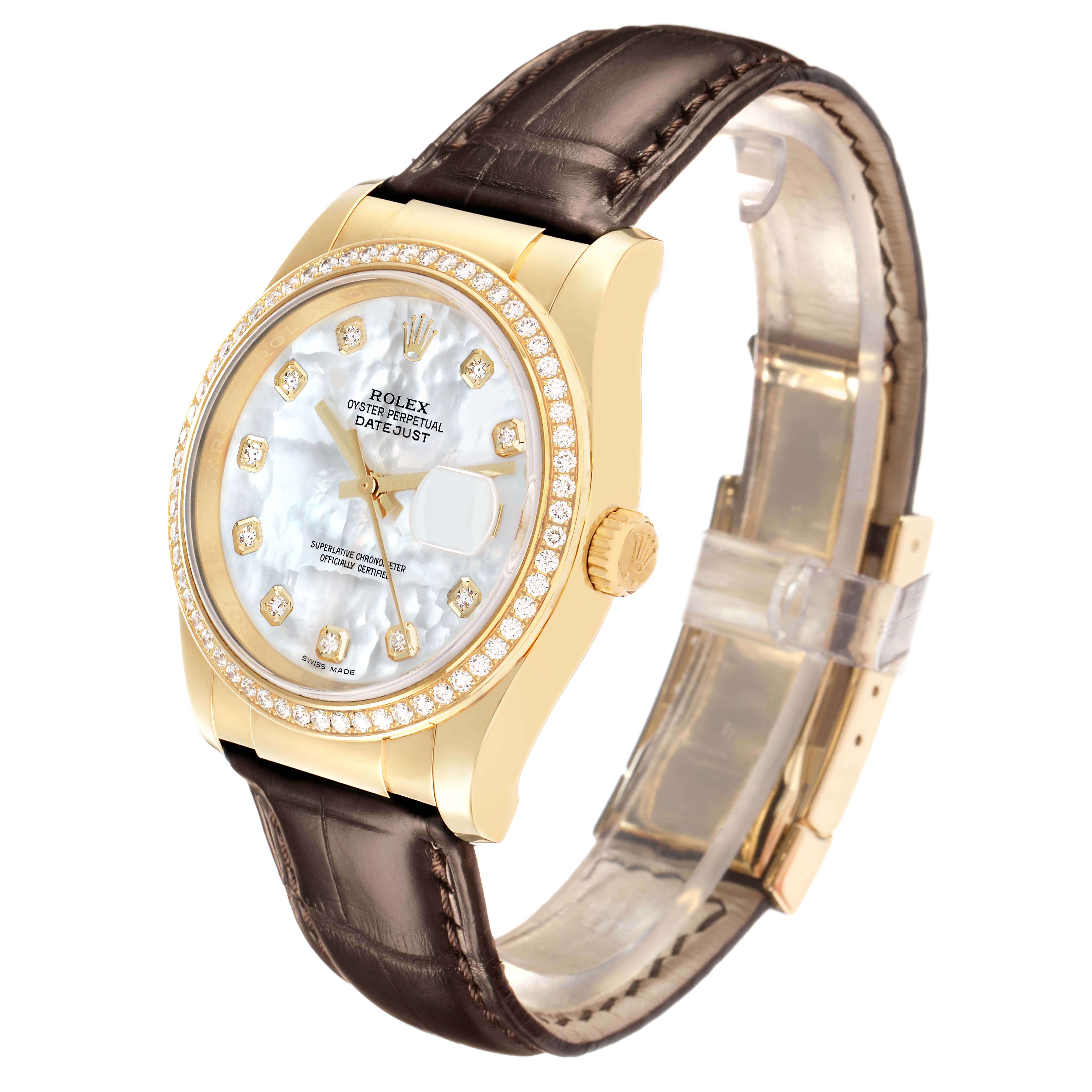 The Rolex President 116188 Men
s Yellow Gold Mother of Pearl Dial model is shown at a three-quarter angle, displaying the dial, bezel, and leather strap.