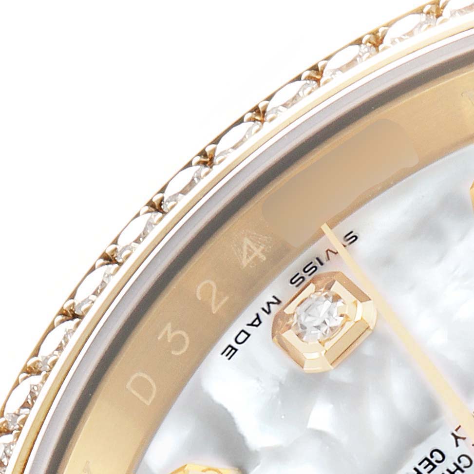 The image shows a close-up of a Rolex President 116188 Men
s Yellow Gold Mother of Pearl Dial watch face, highlighting the bezel, diamond hour marker, and "Swiss Made" text.