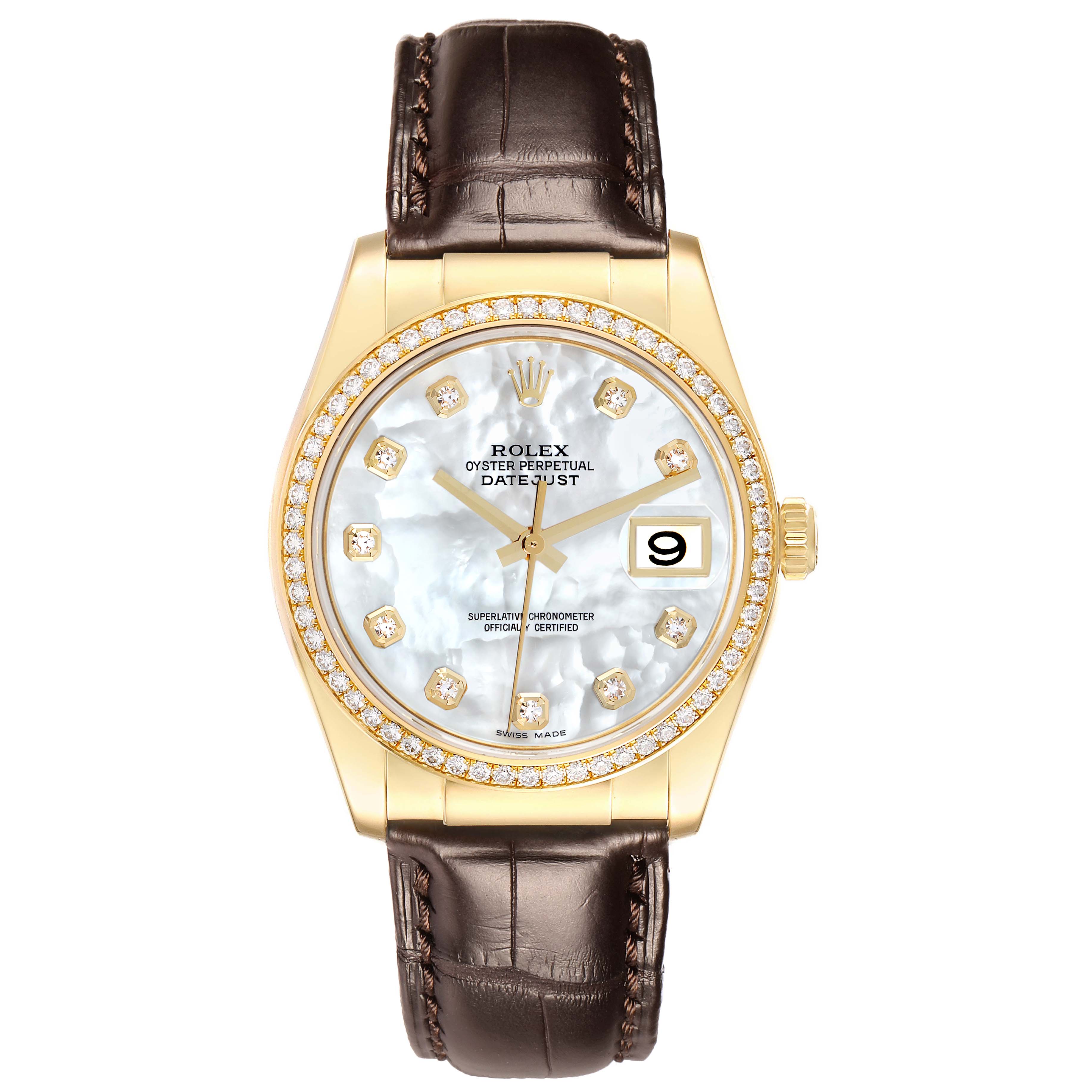 The Rolex President 116188 Men
s Yellow Gold Mother of Pearl Dial model is shown from a top-down angle, displaying the dial, bezel, and leather strap.