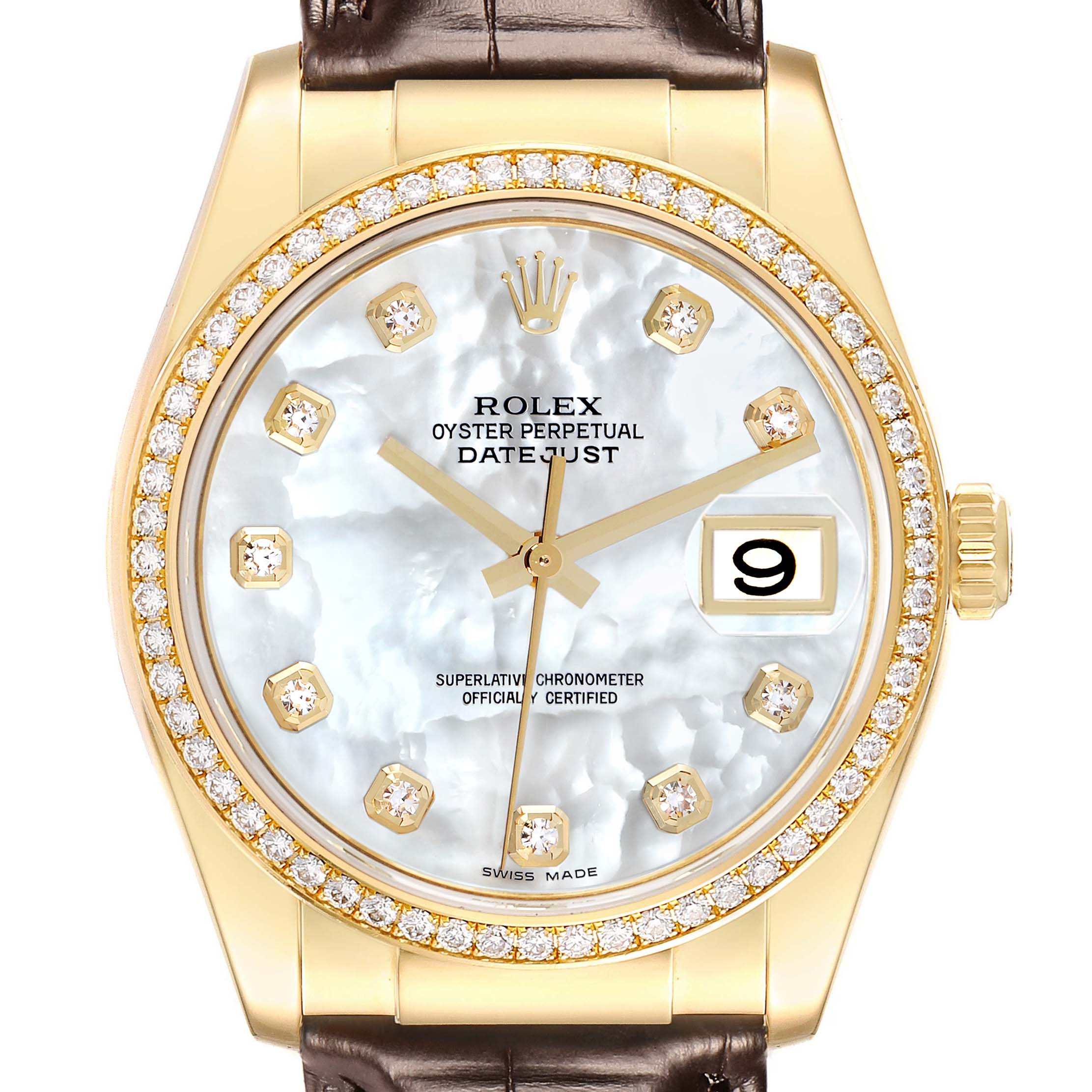 The Rolex President 116188 Men
s Yellow Gold Mother of Pearl Dial model is shown from the front, highlighting its diamond bezel, mother-of-pearl dial, and date feature.