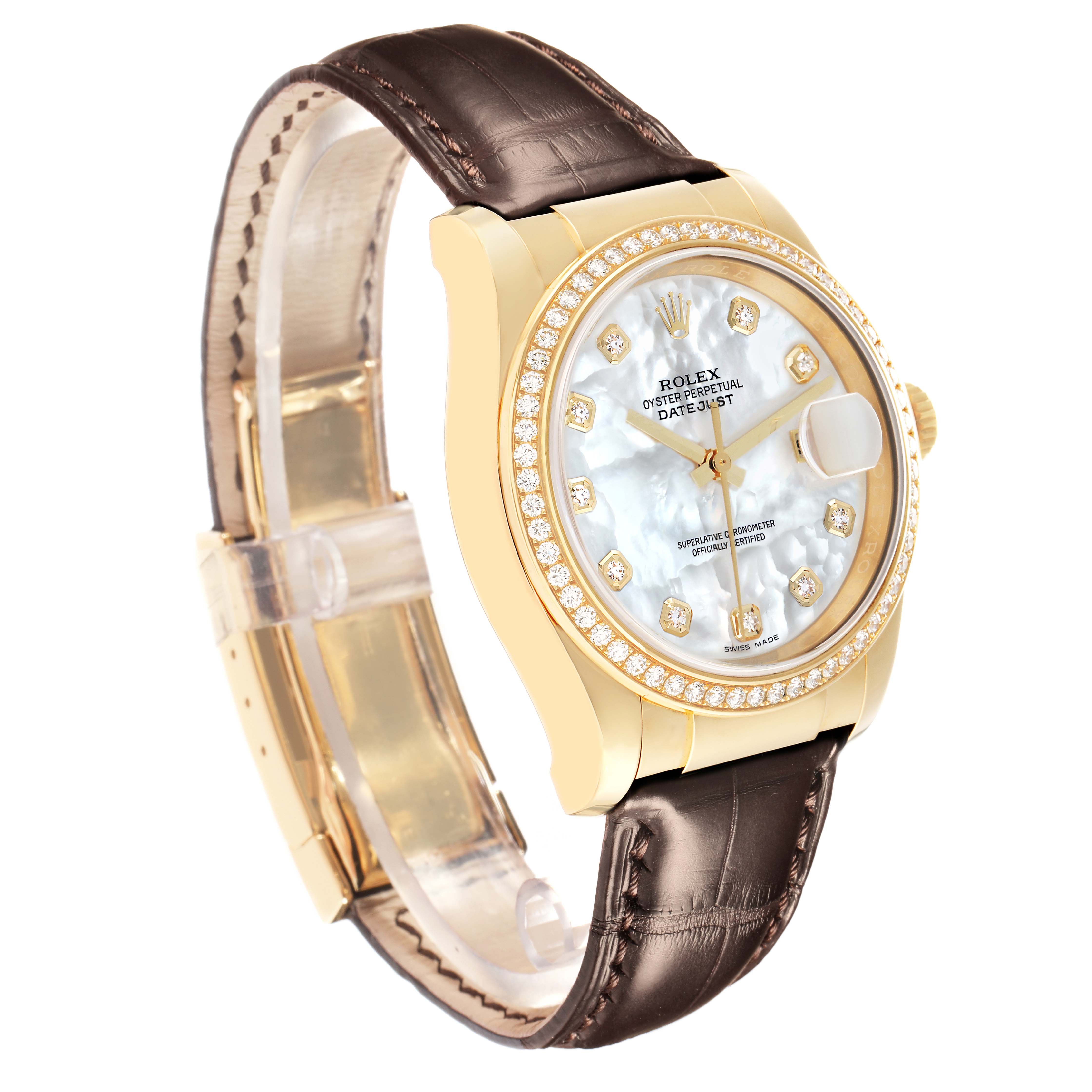 The Rolex President 116188 Men
s Yellow Gold Mother of Pearl Dial model watch is shown at an angle highlighting the face, bezel, and part of the leather strap.