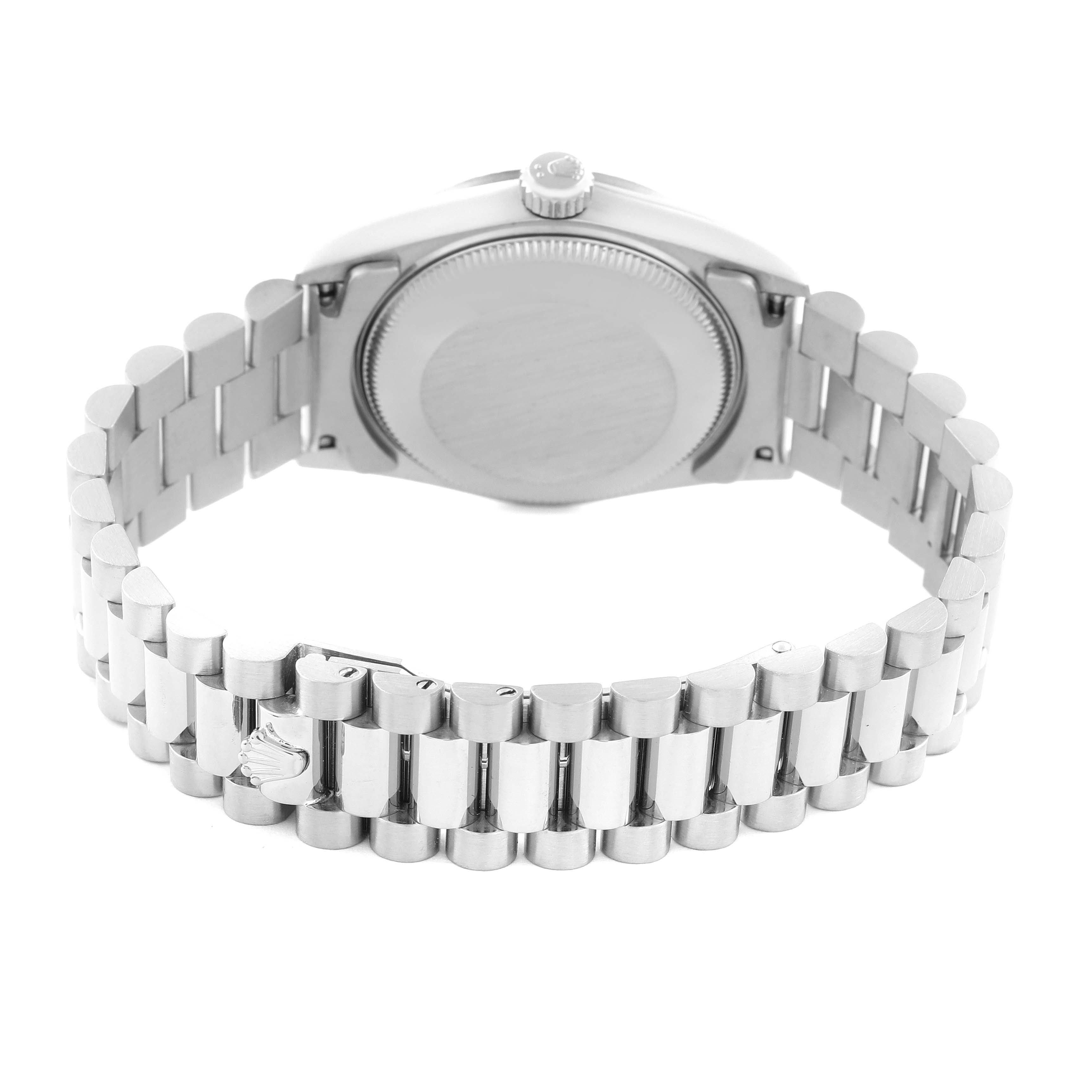 The image shows the back view of the Rolex President 68279 Women's White Gold Silver Dial 68279 Women's White Gold Silver Dial model, highlighting the bracelet and clasp.
