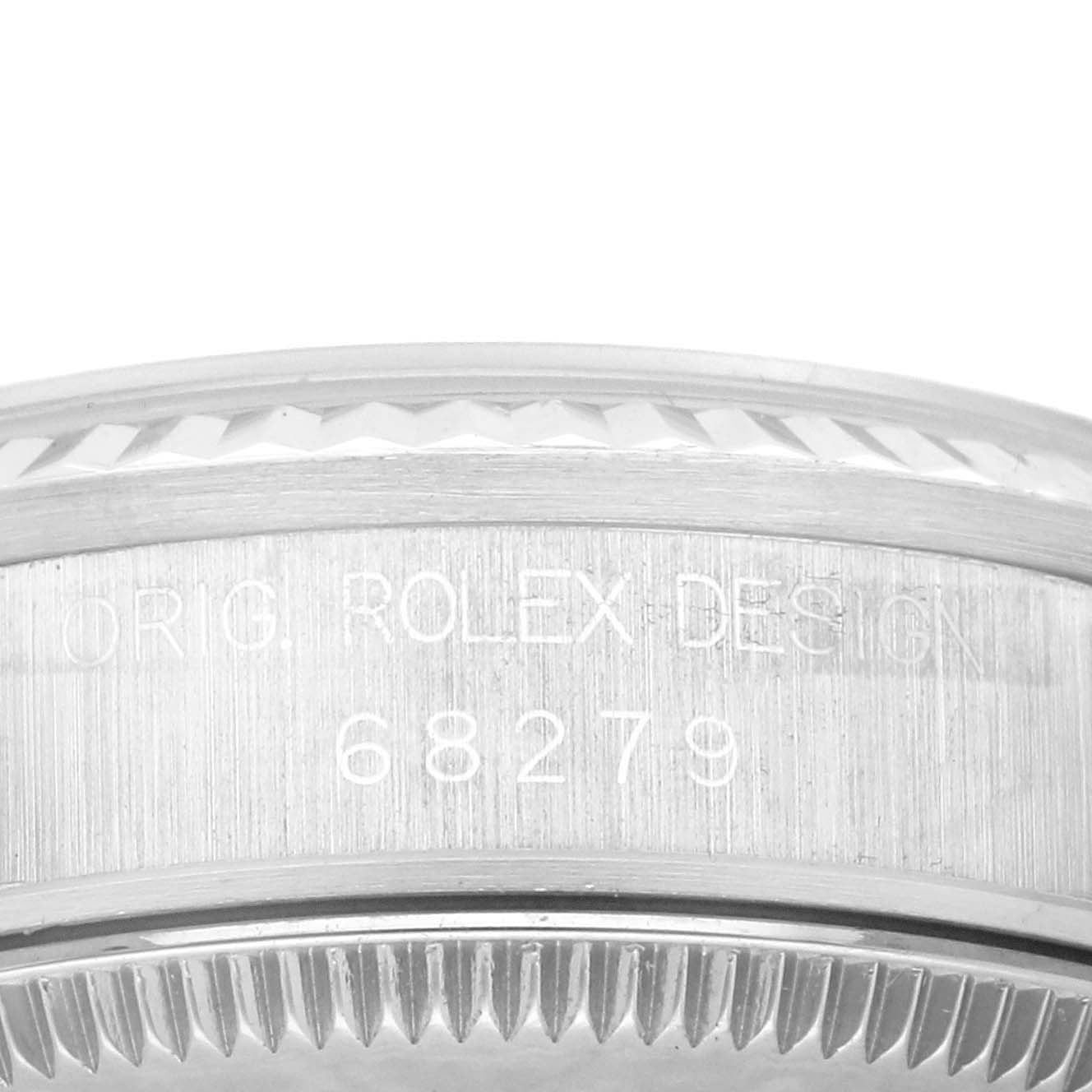 The image shows a close-up side angle of the Rolex President 68279 Women's White Gold Silver Dial 68279 Women's White Gold Silver Dial model, highlighting the bezel and engraved design details.