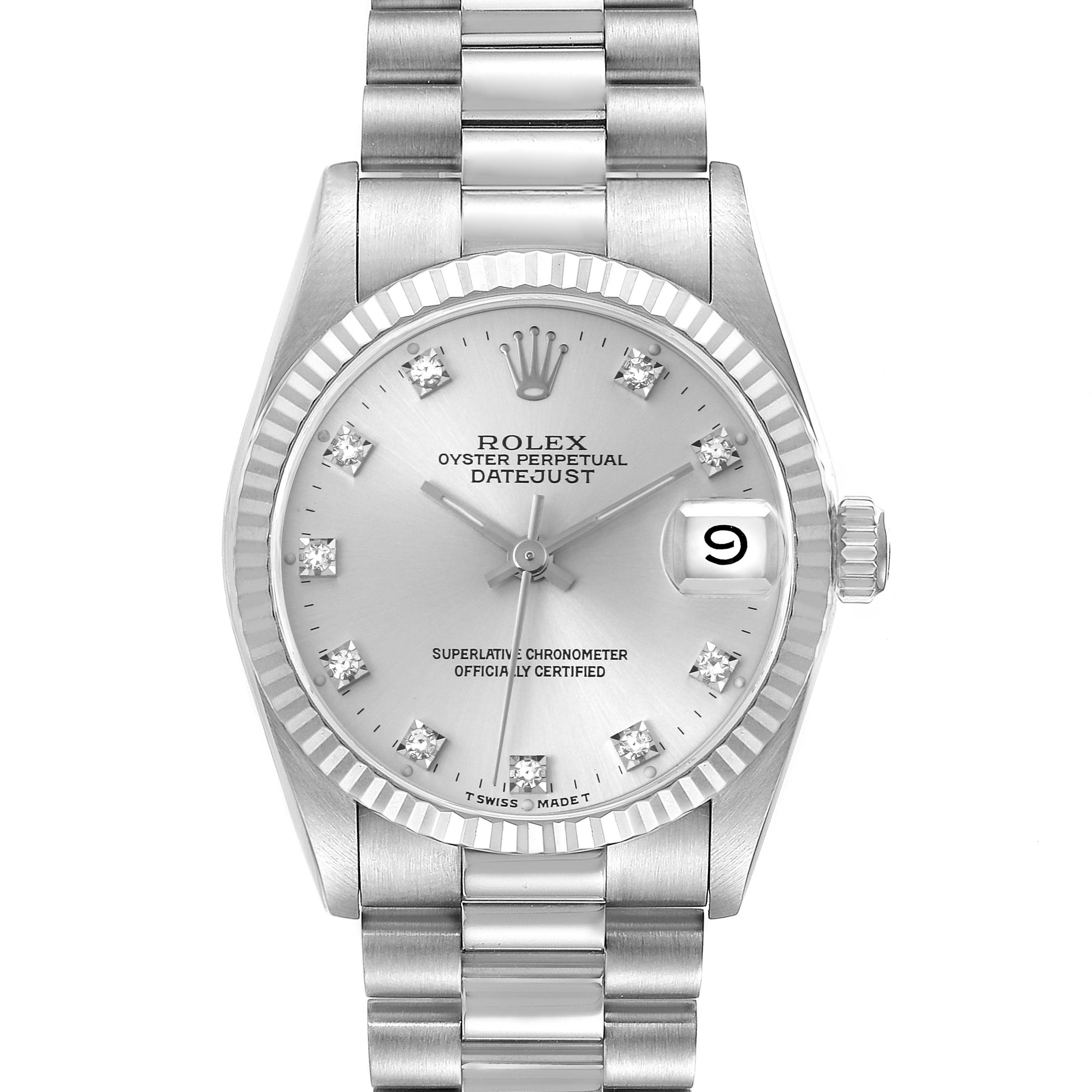 The Rolex President 68279 Women's White Gold Silver Dial 68279 Women's White Gold Silver Dial model is shown from the front, displaying the dial, bezel, and part of the bracelet.