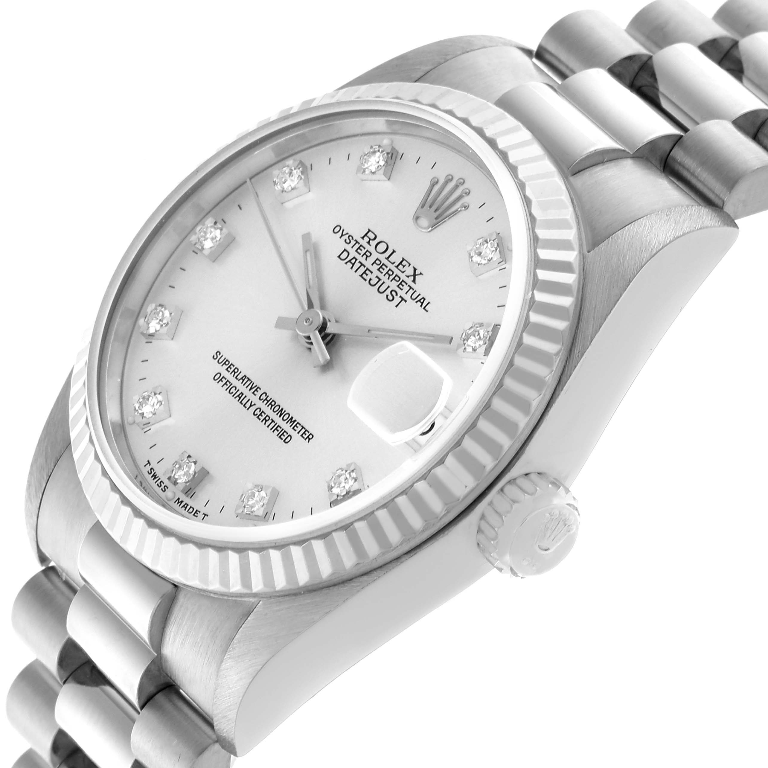 The Rolex President 68279 Women's White Gold Silver Dial 68279 Women's White Gold Silver Dial model is shown at a slight angle, highlighting the dial, bezel, crown, and part of the bracelet.