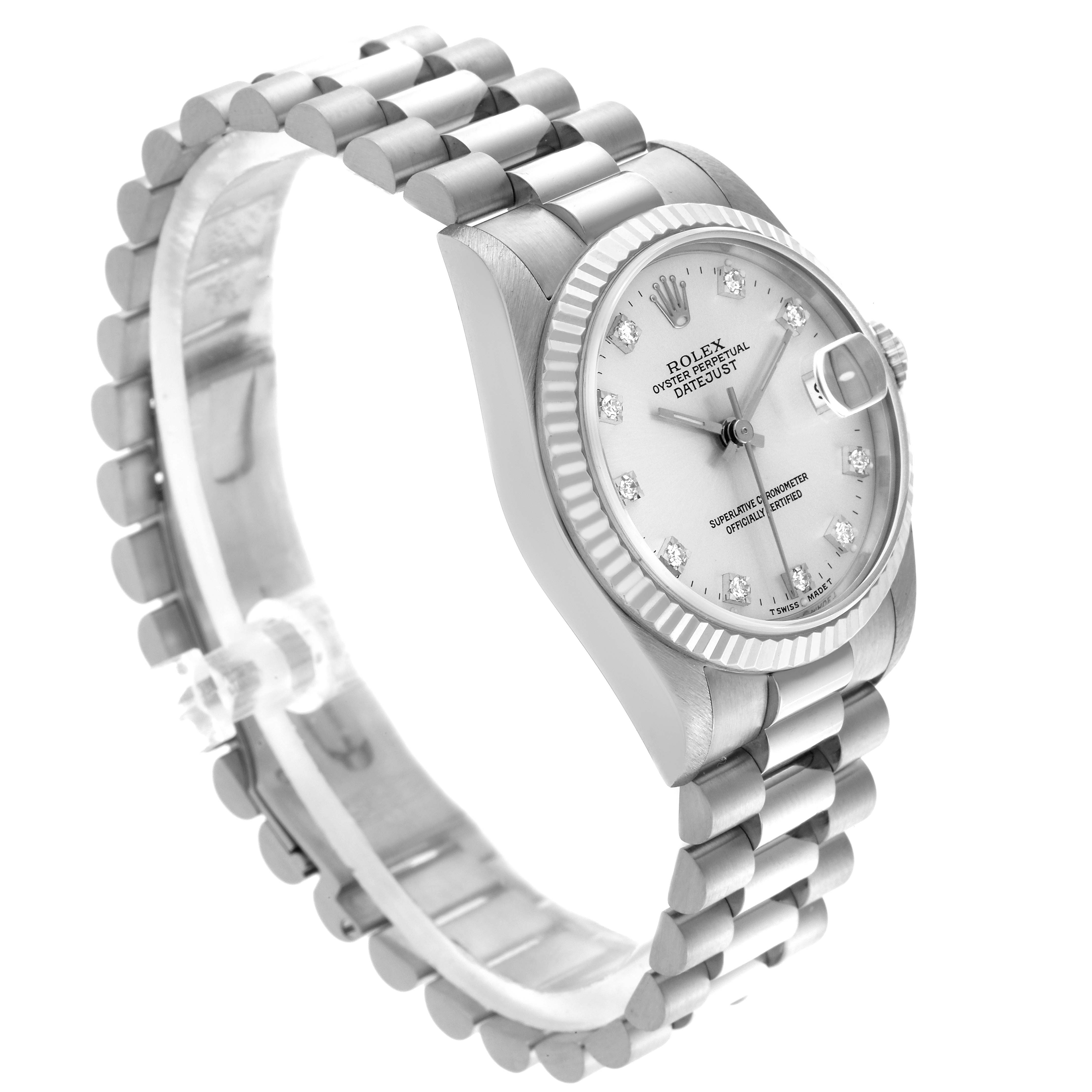 The Rolex President 68279 Women's White Gold Silver Dial 68279 Women's White Gold Silver Dial model is shown at an angled view, highlighting the face, bezel, and bracelet.