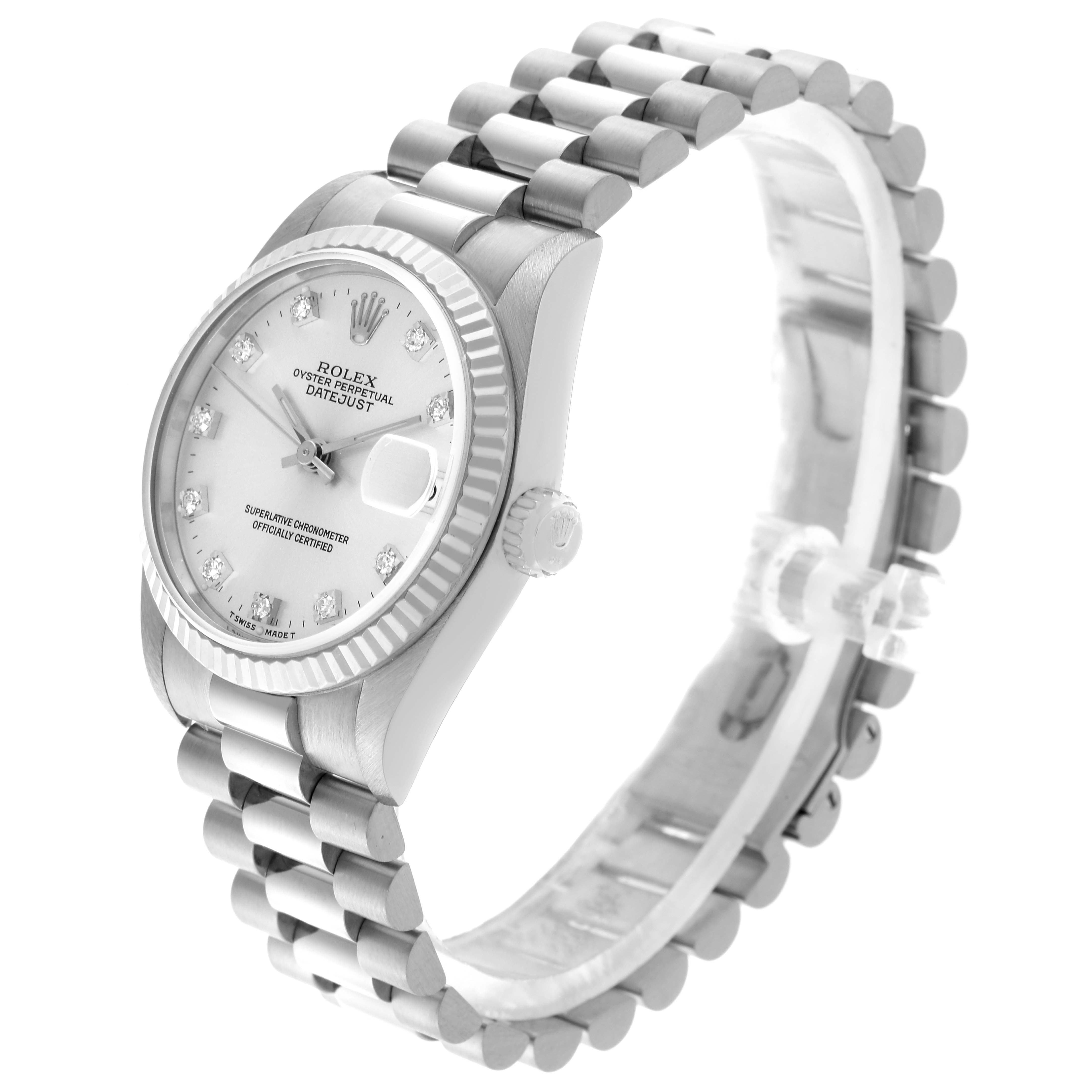 The Rolex President 68279 Women's White Gold Silver Dial 68279 Women's White Gold Silver Dial model is shown at an angled view, highlighting the dial, bezel, crown, and bracelet.