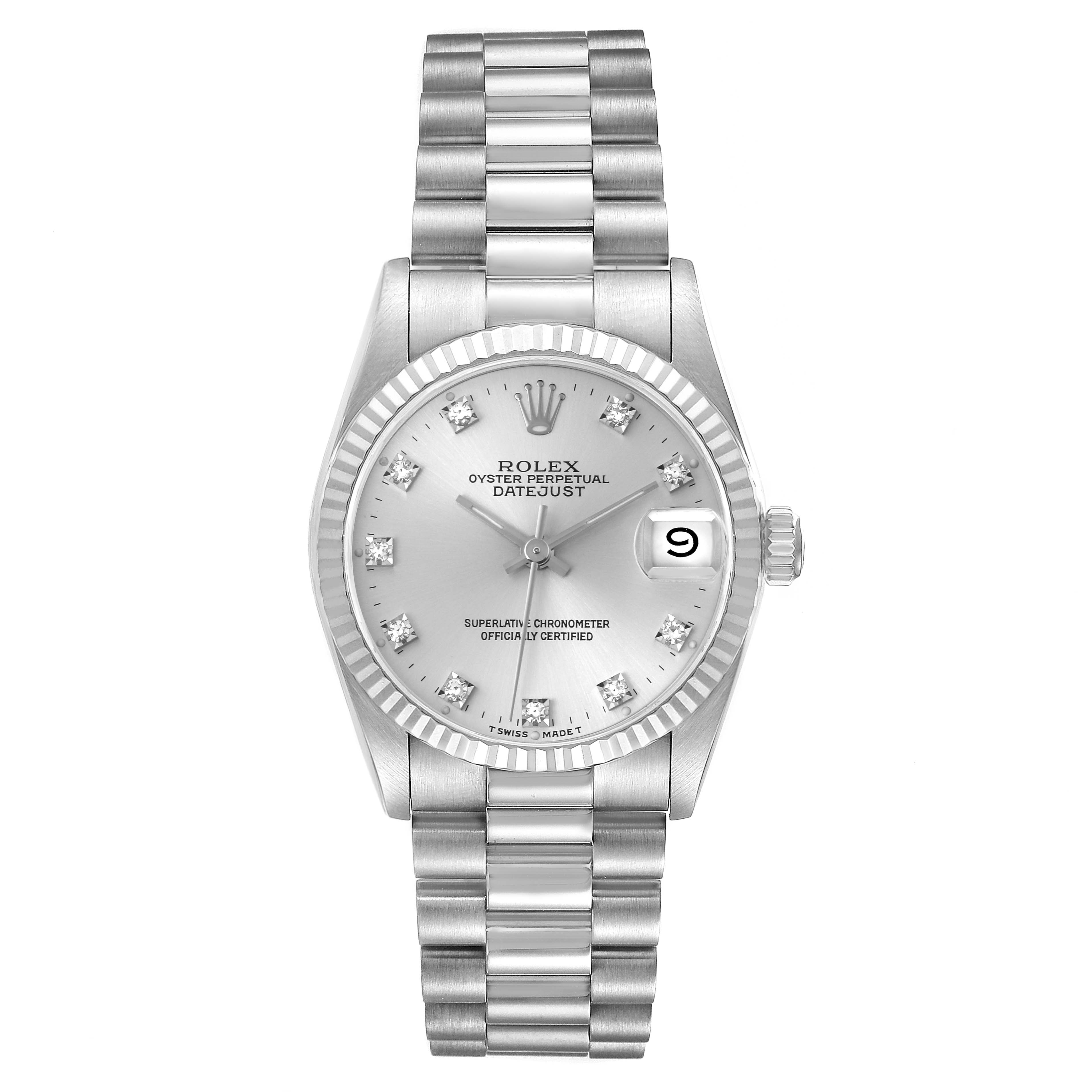The Rolex President 68279 Women's White Gold Silver Dial 68279 Women's White Gold Silver Dial model watch is shown from a front view, highlighting its silver dial, fluted bezel, and linked bracelet.