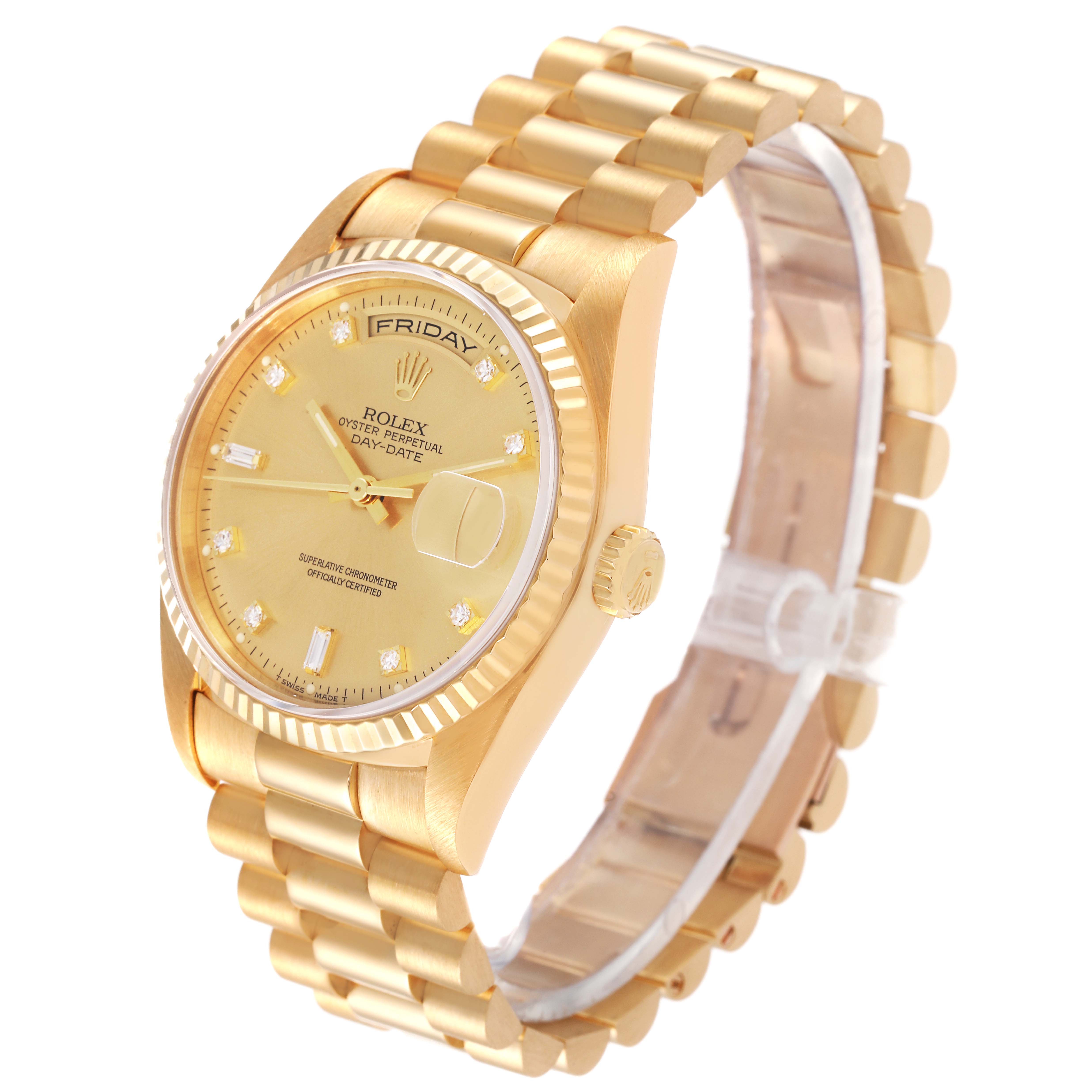 The Rolex President 18238 Men
s Yellow Gold Champagne Dial 18238 Men
s Yellow Gold Champagne Dial model watch is shown at a slight three-quarter angle, highlighting the dial, bezel, and the President bracelet.
