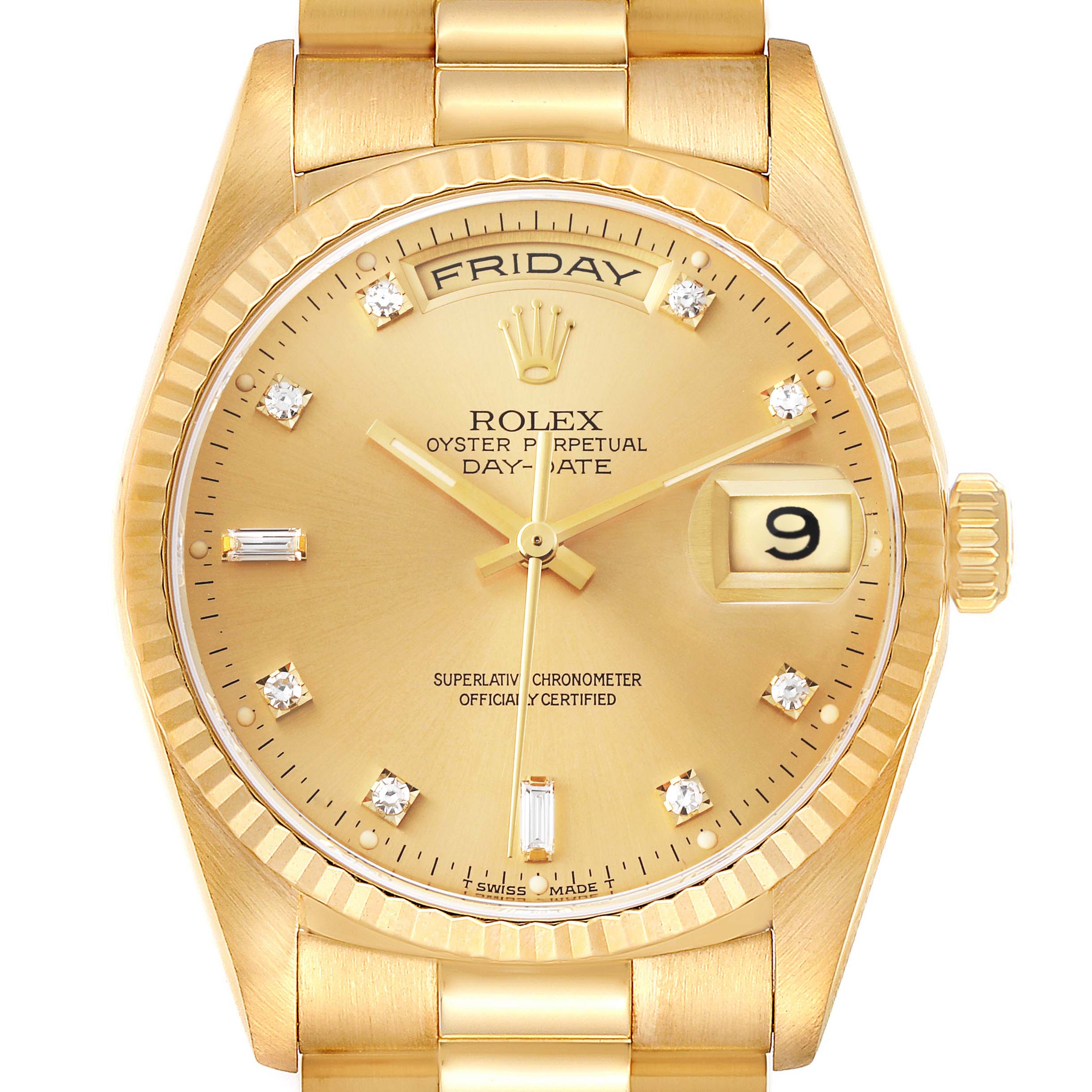 The image shows a close-up, front view of the Rolex President 18238 Men
s Yellow Gold Champagne Dial 18238 Men
s Yellow Gold Champagne Dial Day-Date watch, highlighting its gold dial, day and date window, and hour markers.