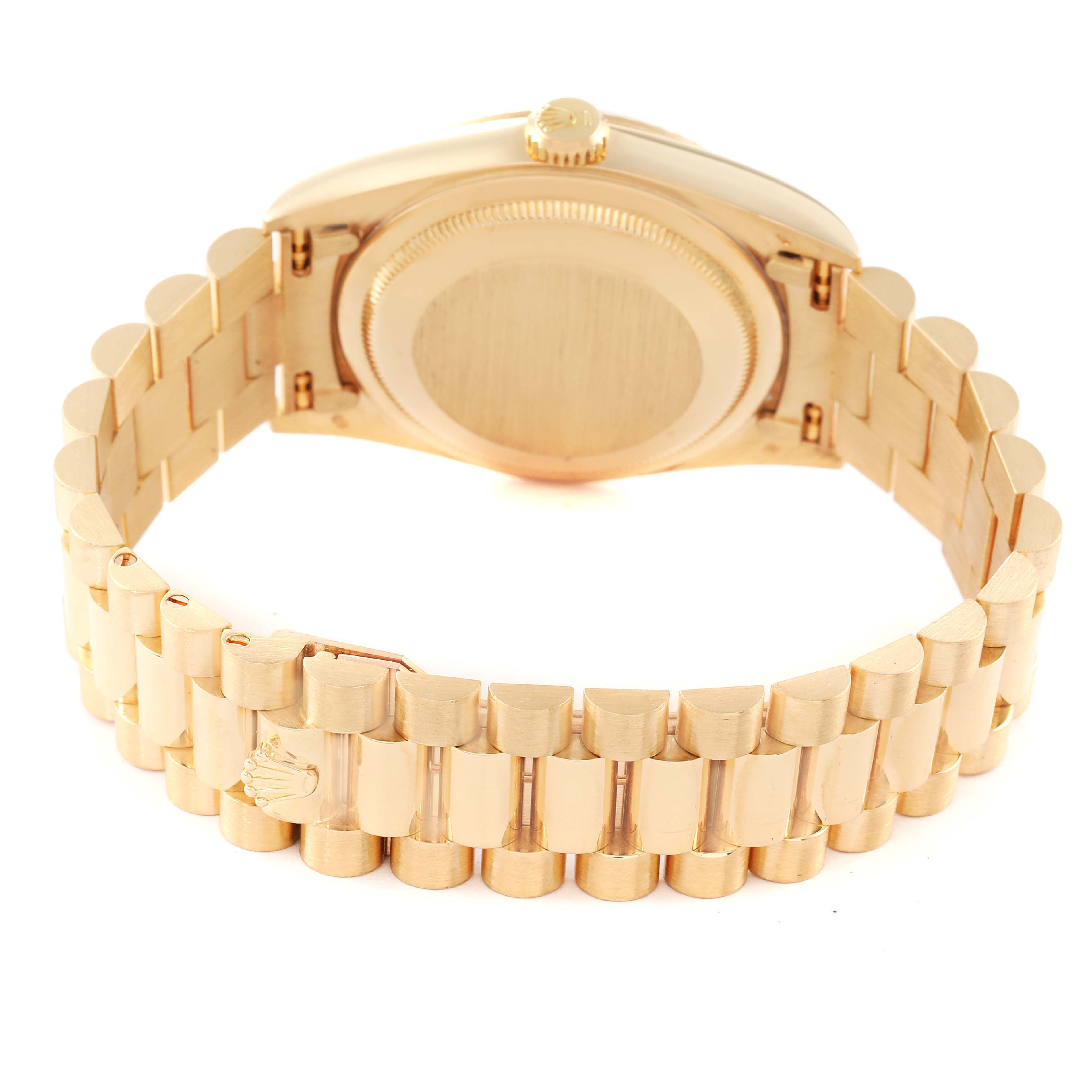 The image shows the back and bracelet of a Rolex President 18238 Men
s Yellow Gold Champagne Dial 18238 Men
s Yellow Gold Champagne Dial model watch, with focus on the case and linked bracelet.