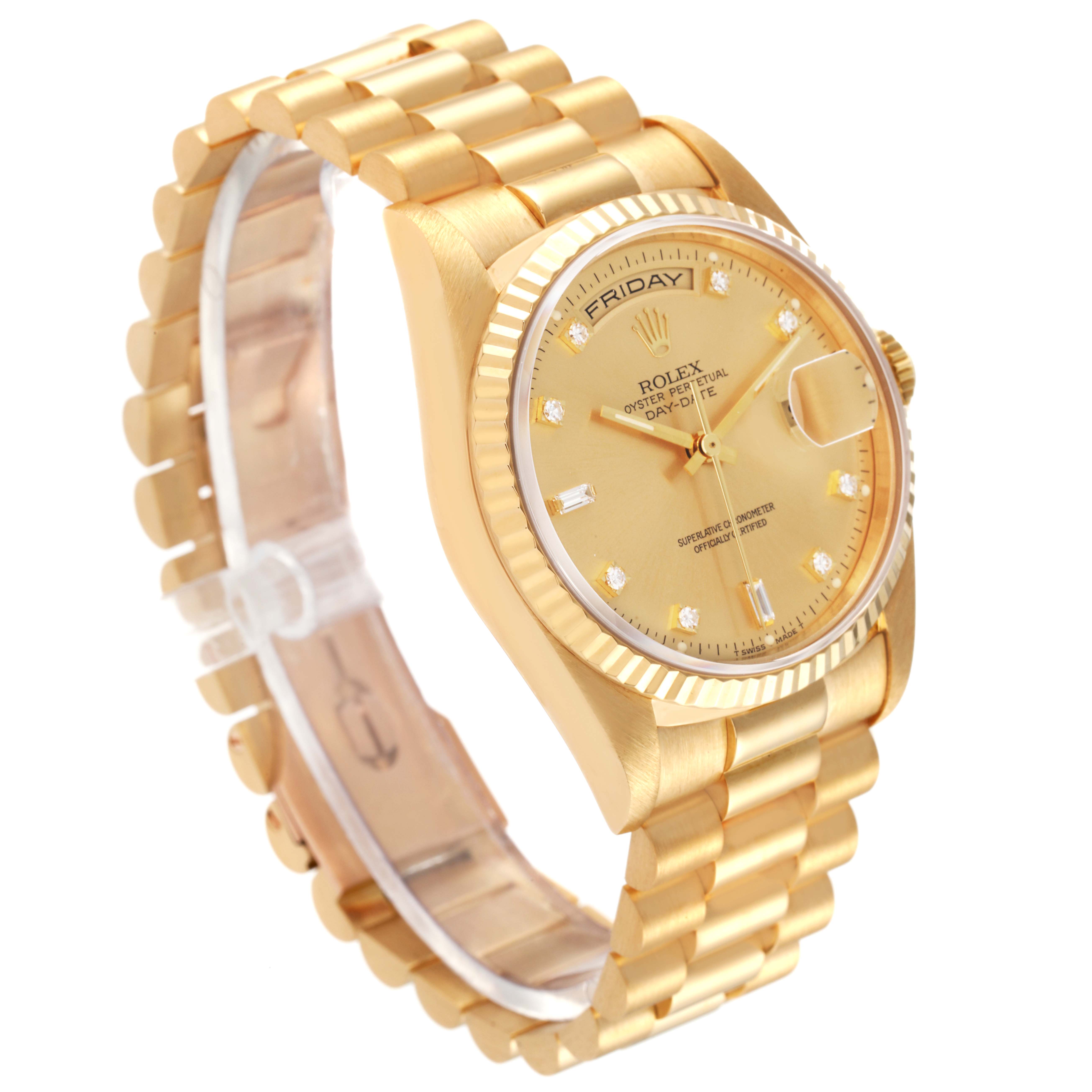 The image shows a Rolex President 18238 Men
s Yellow Gold Champagne Dial 18238 Men
s Yellow Gold Champagne Dial model watch with a gold bracelet, dial, and fluted bezel, viewed at a three-quarter angle.
