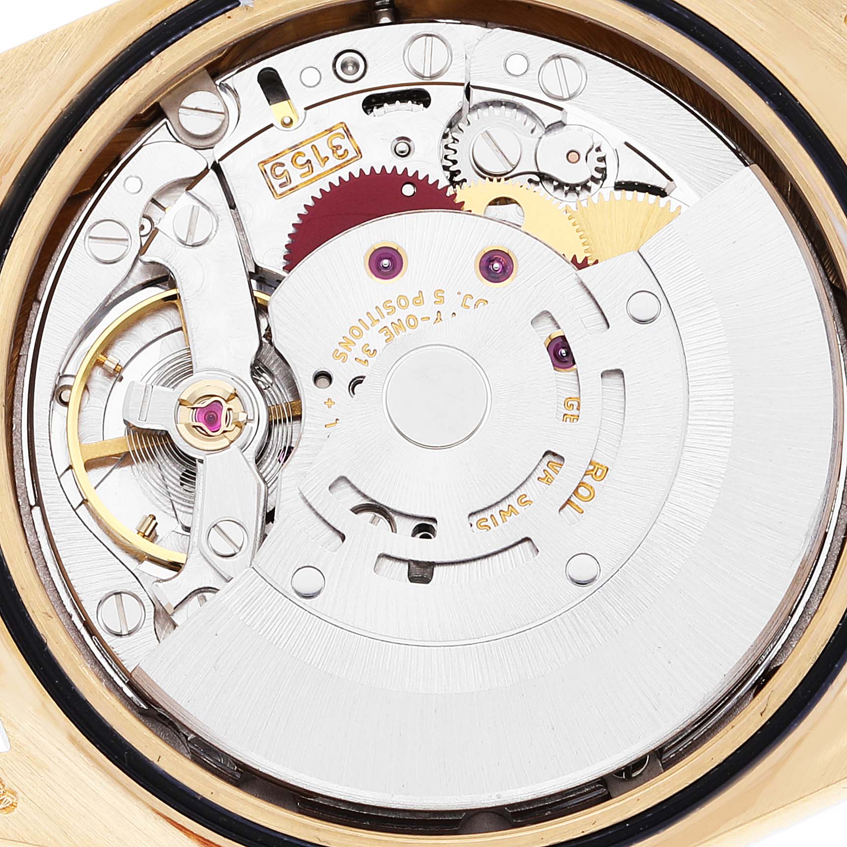The image shows a close-up, internal view of the movement mechanism of a Rolex President 18238 Men
s Yellow Gold Champagne Dial 18238 Men
s Yellow Gold Champagne Dial watch model.
