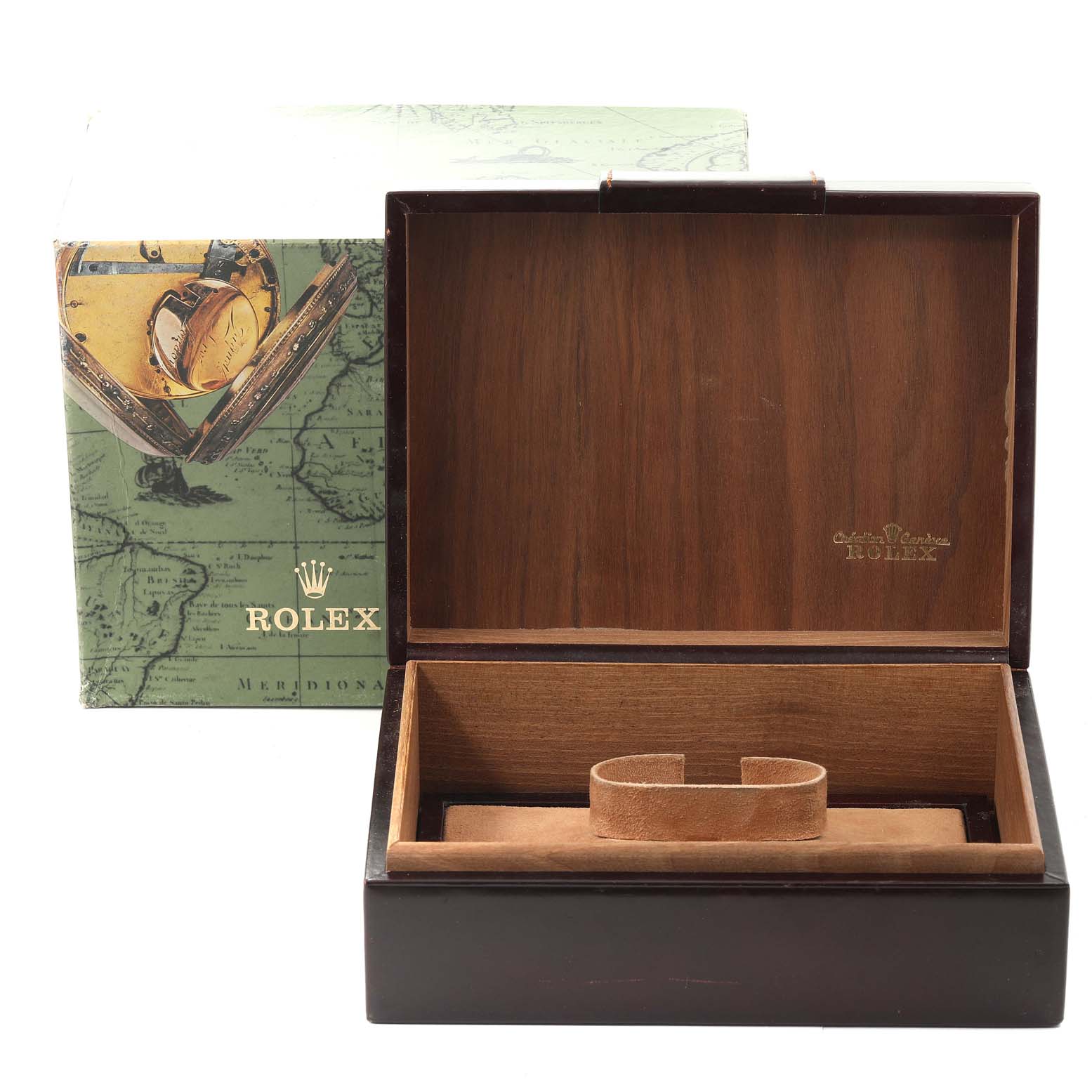 The image shows an open wooden Rolex President 18238 Men
s Yellow Gold Champagne Dial 18238 Men
s Yellow Gold Champagne Dial watch box and its outer packaging.