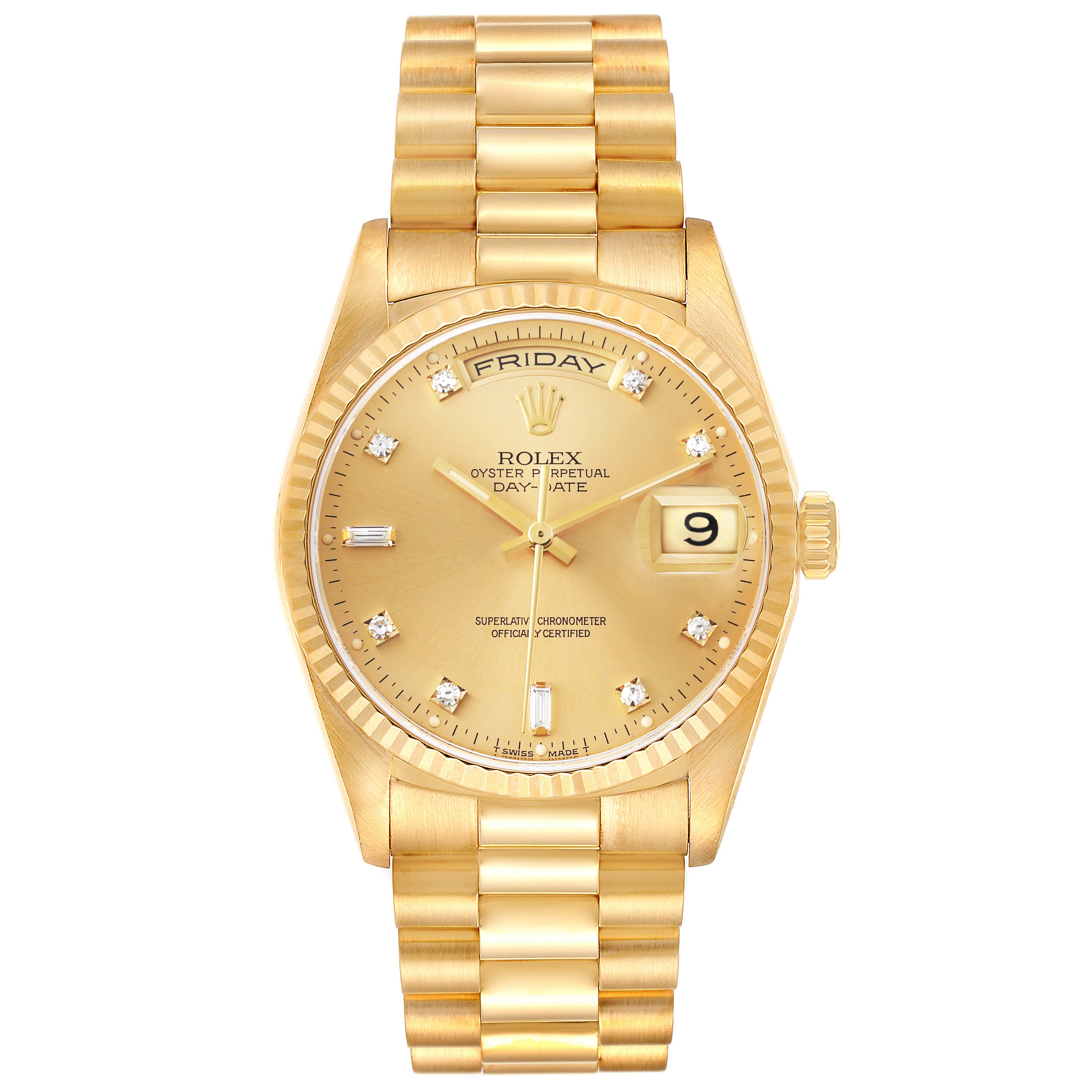 The image shows a full frontal view of a Rolex President 18238 Men
s Yellow Gold Champagne Dial 18238 Men
s Yellow Gold Champagne Dial model watch, featuring its gold case, bracelet, and diamond hour markers.