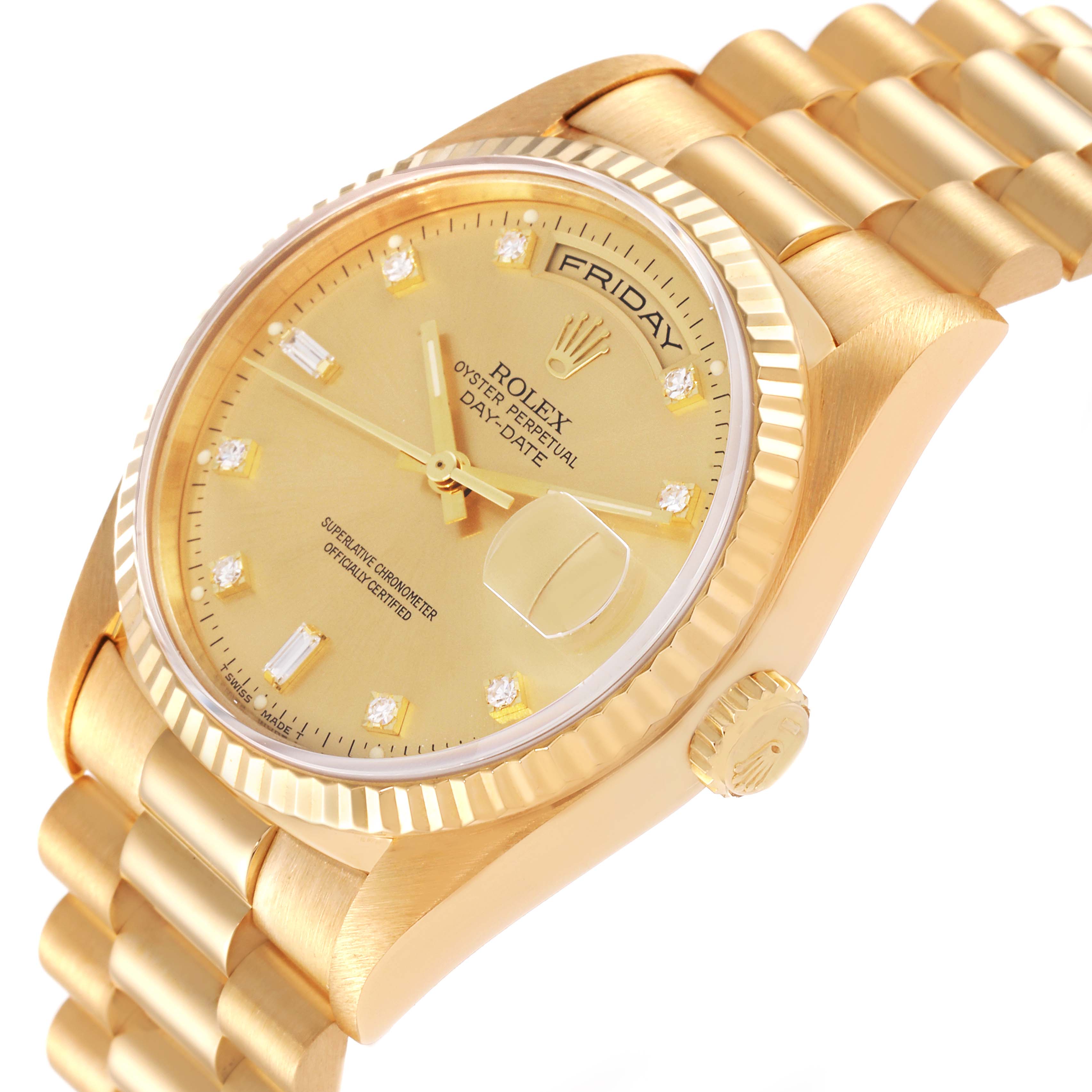 This image shows a partial side view of the Rolex President 18238 Men
s Yellow Gold Champagne Dial 18238 Men
s Yellow Gold Champagne Dial model, highlighting the gold case, bracelet, and diamond markers.