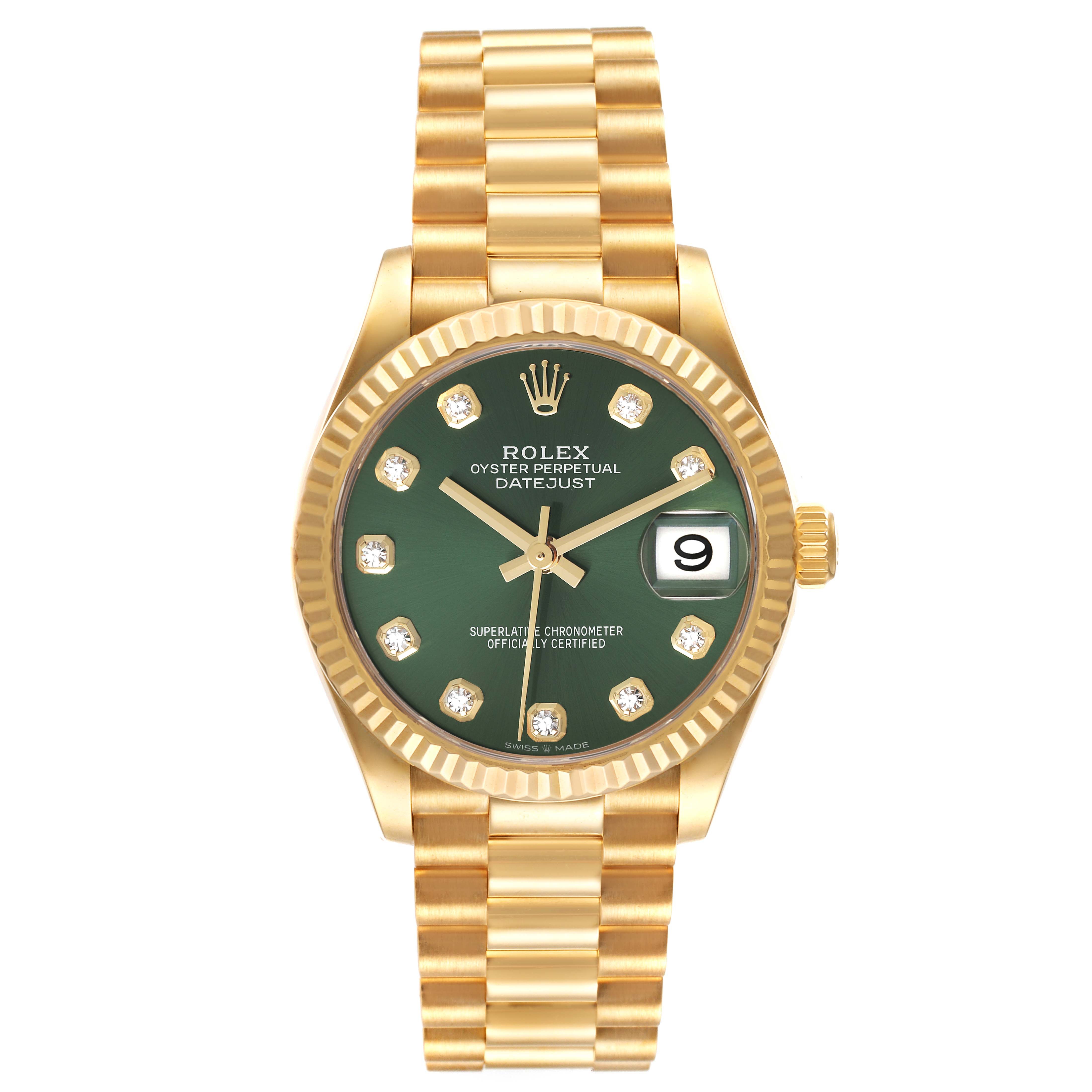 This is a front view of a Rolex President 278278 Women's Yellow Gold Green Dial 278278 Women's Yellow Gold Green Dial model watch, showcasing its green dial, date window, and gold bracelet.