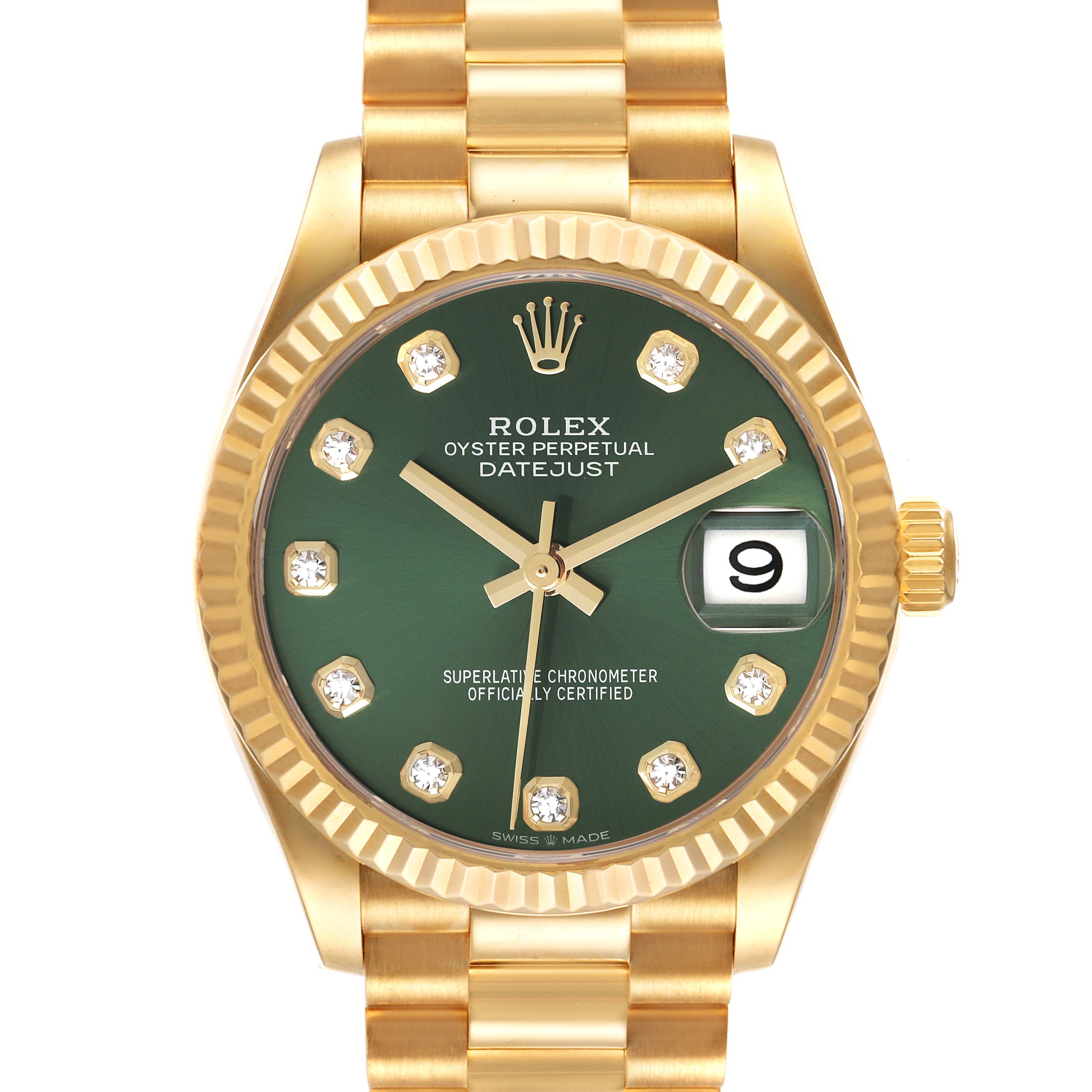 The image shows a front view of a Rolex President 278278 Women's Yellow Gold Green Dial 278278 Women's Yellow Gold Green Dial model with a green dial, gold case, and bracelet.