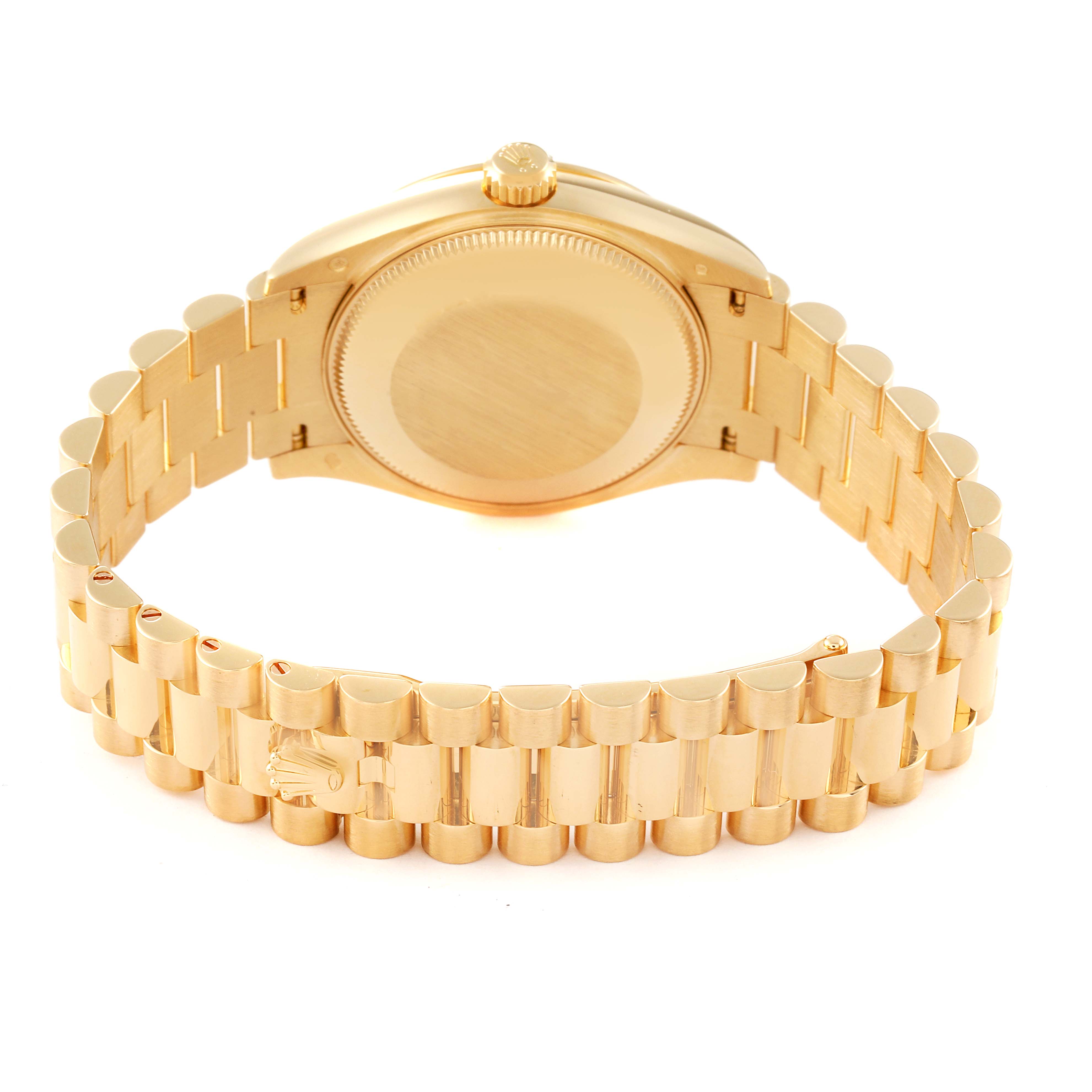 The image shows the back view of the Rolex President 278278 Women's Yellow Gold Green Dial 278278 Women's Yellow Gold Green Dial model watch, highlighting its gold bracelet and case back.