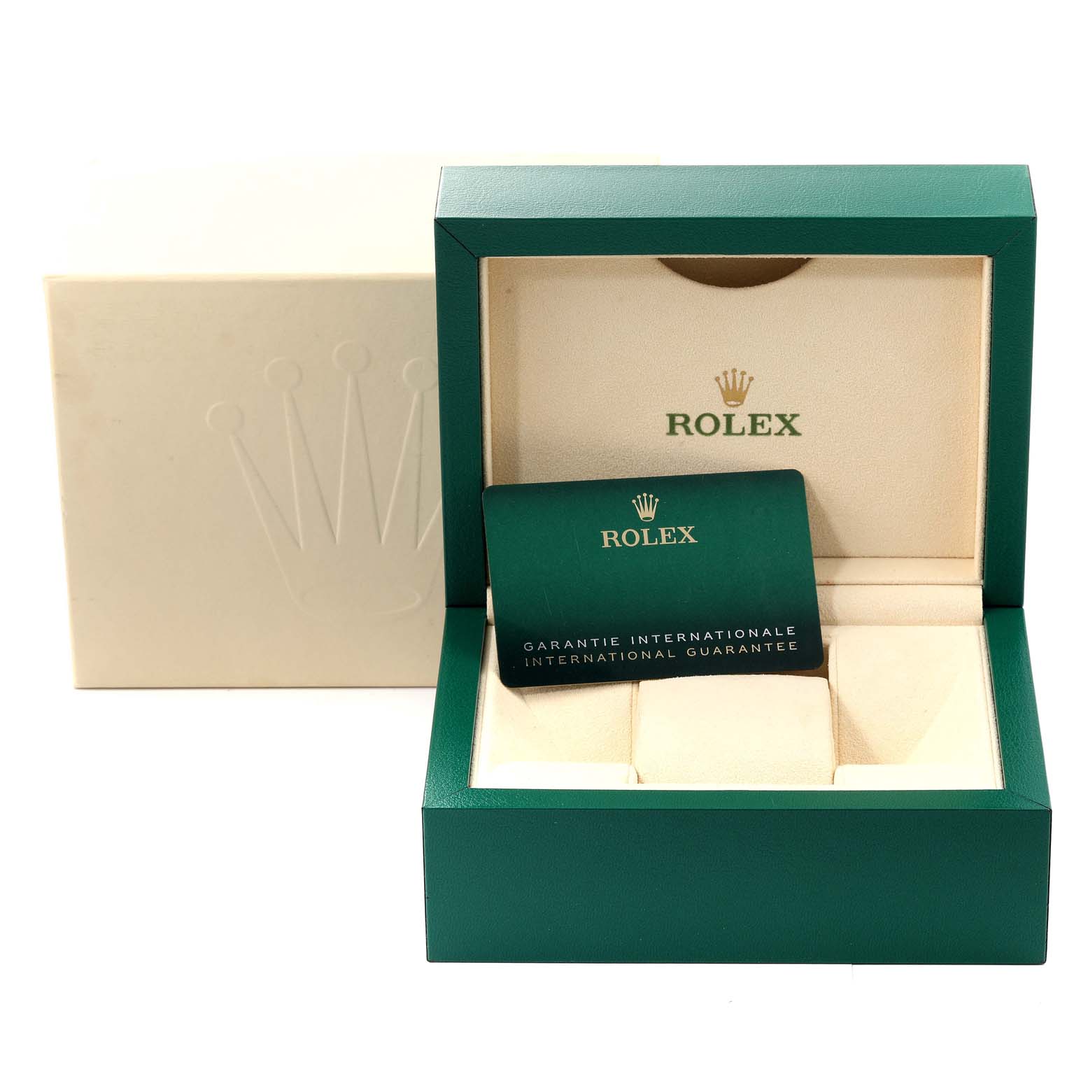 The image shows the open box and warranty card for a Rolex President 278278 Women's Yellow Gold Green Dial 278278 Women's Yellow Gold Green Dial model watch.